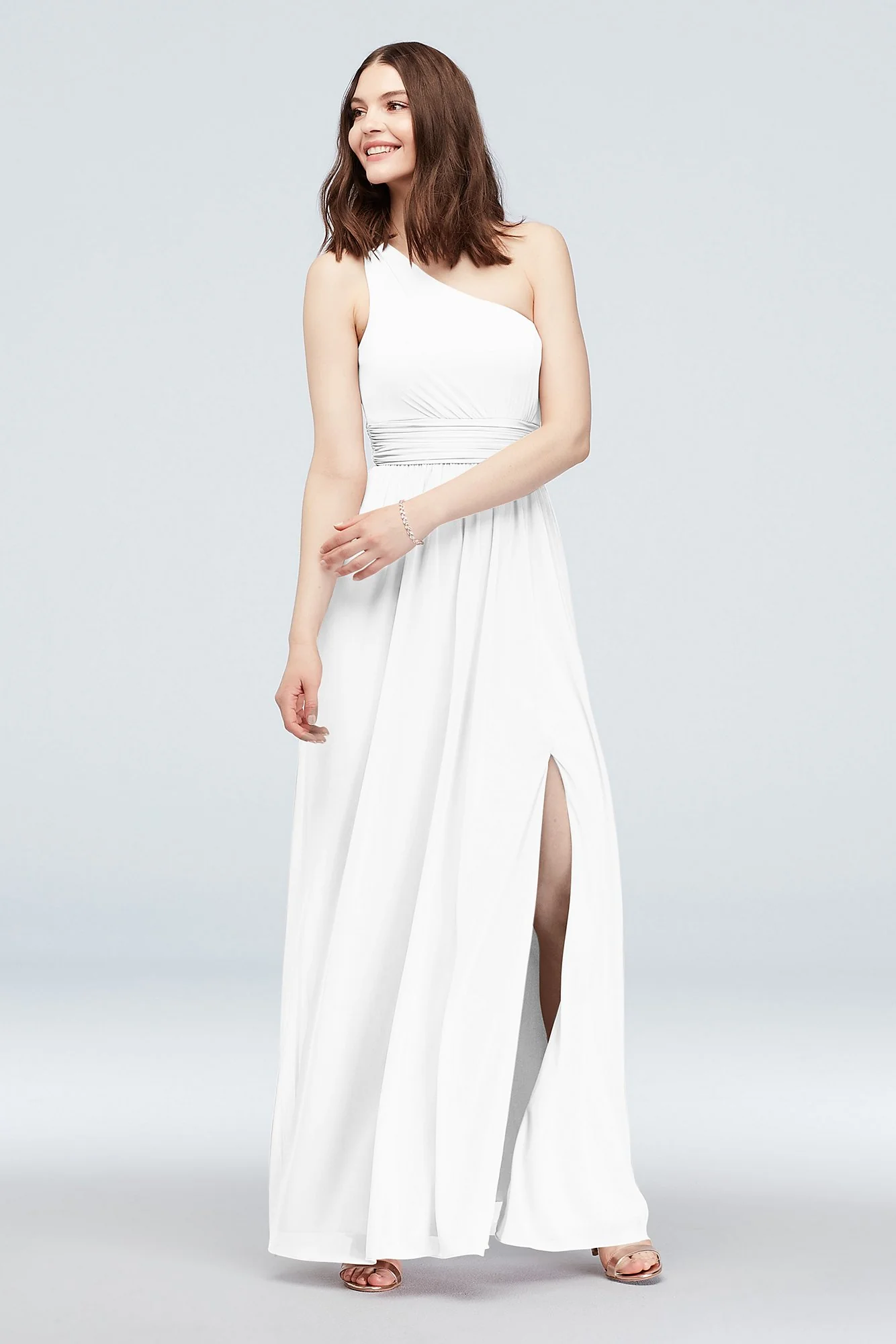 One Shoulder Ruched Waist Mesh Bridesmaid Dress - Image 122