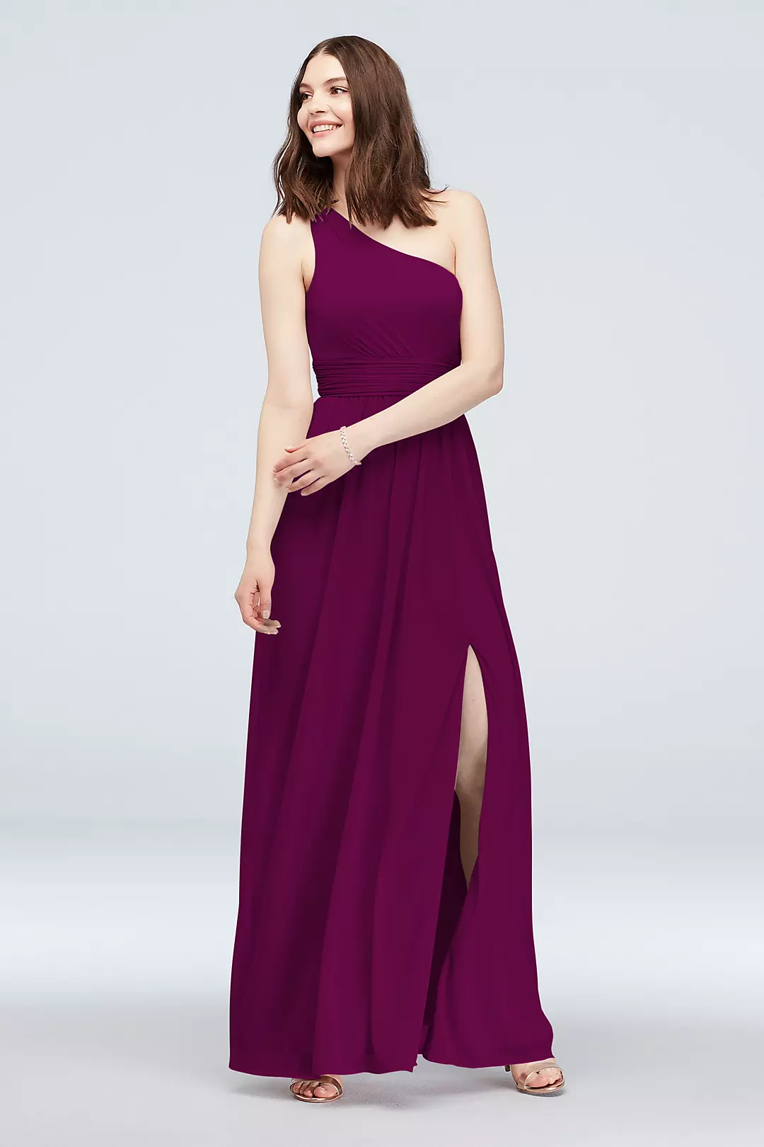 One Shoulder Ruched Waist Mesh Bridesmaid Dress - Image 127