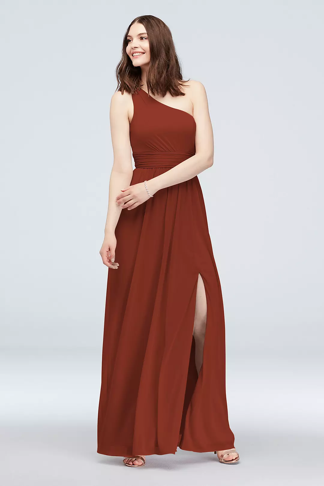 One Shoulder Ruched Waist Mesh Bridesmaid Dress - Image 128