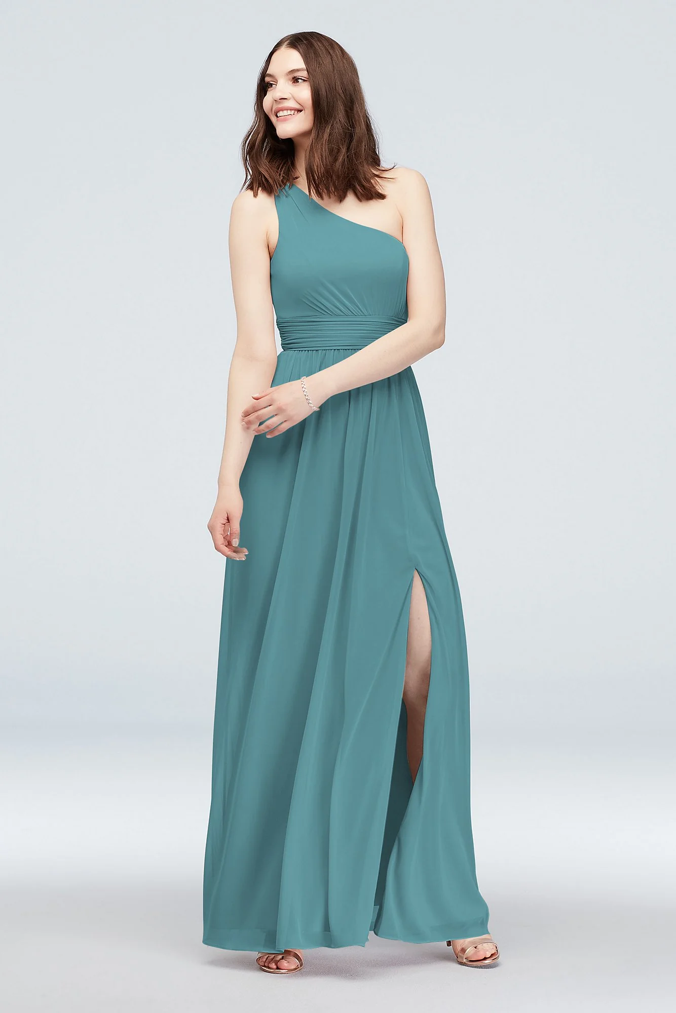 One Shoulder Ruched Waist Mesh Bridesmaid Dress - Image 13