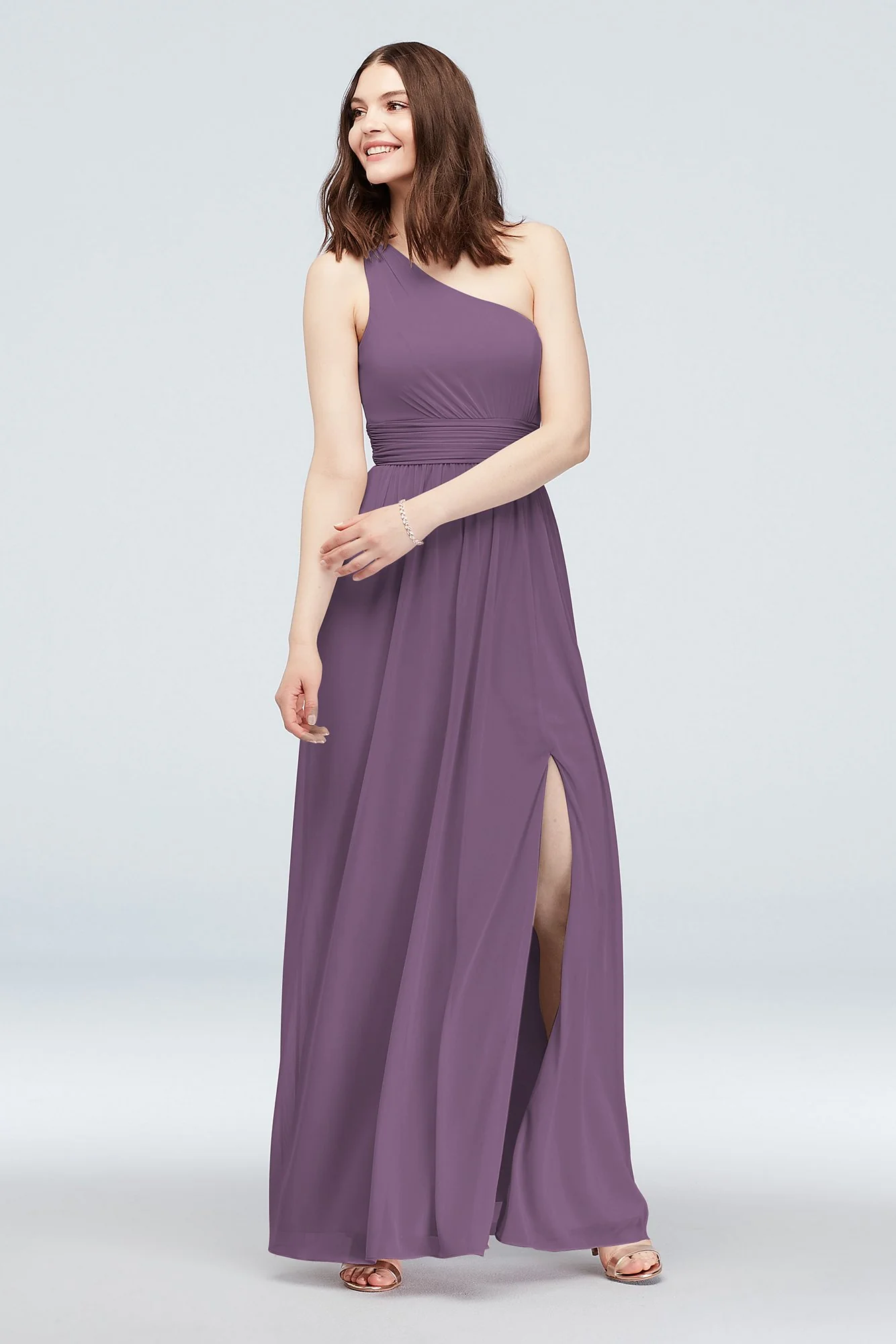 One Shoulder Ruched Waist Mesh Bridesmaid Dress - Image 14