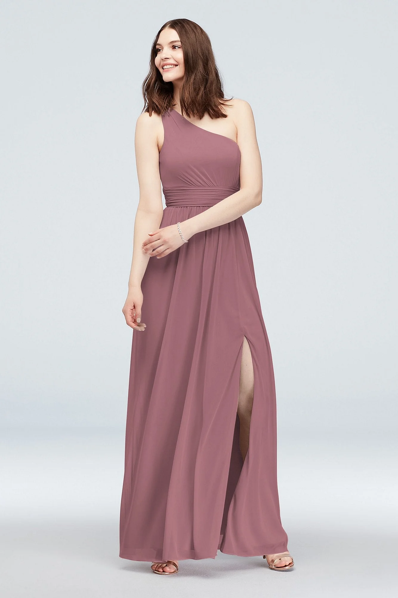 One Shoulder Ruched Waist Mesh Bridesmaid Dress - Image 16