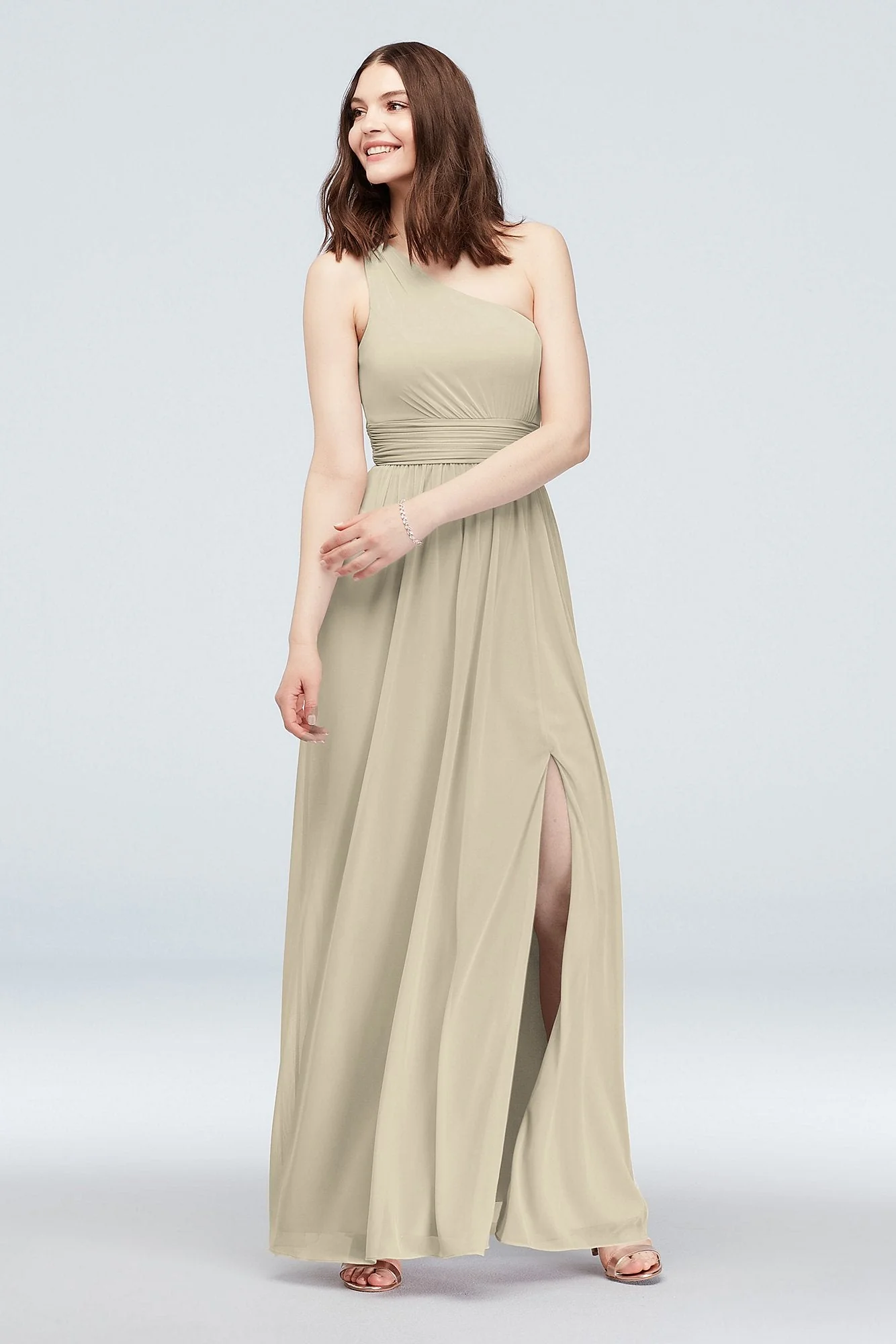 One Shoulder Ruched Waist Mesh Bridesmaid Dress - Image 17