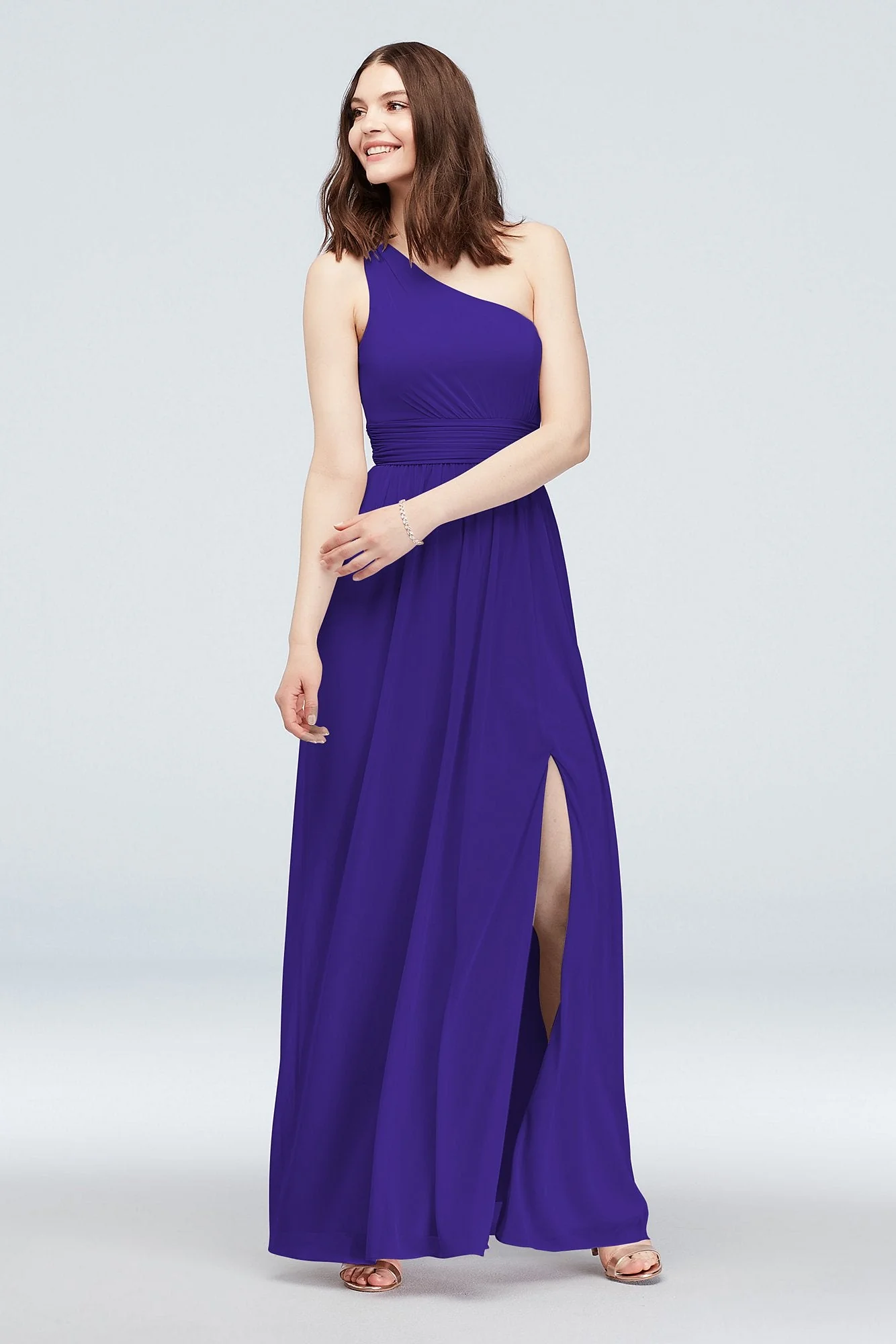 One Shoulder Ruched Waist Mesh Bridesmaid Dress - Image 19