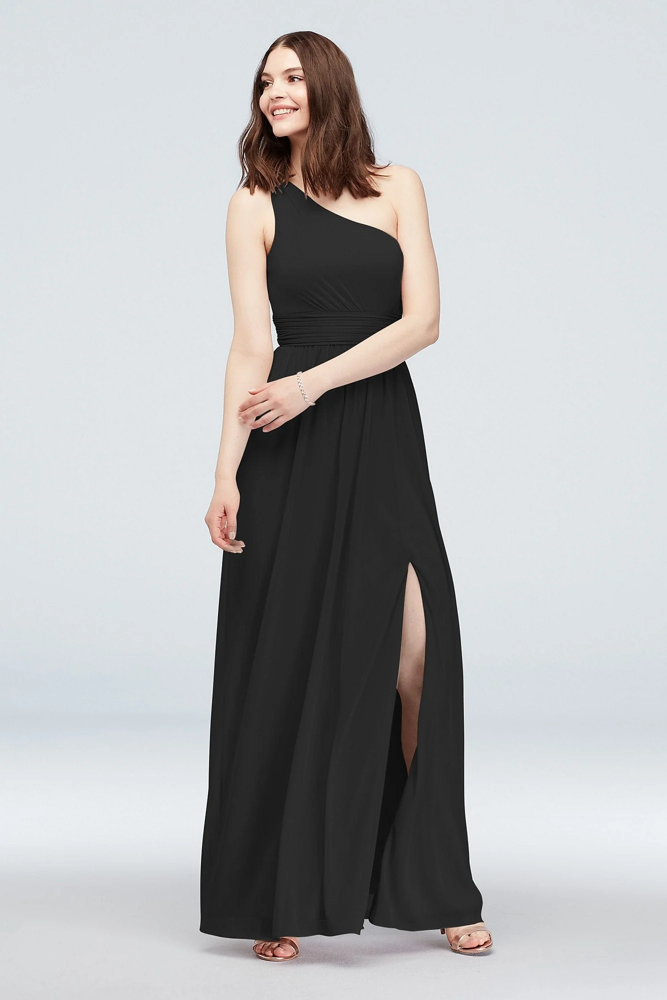 One Shoulder Ruched Waist Mesh Bridesmaid Dress - Image 21