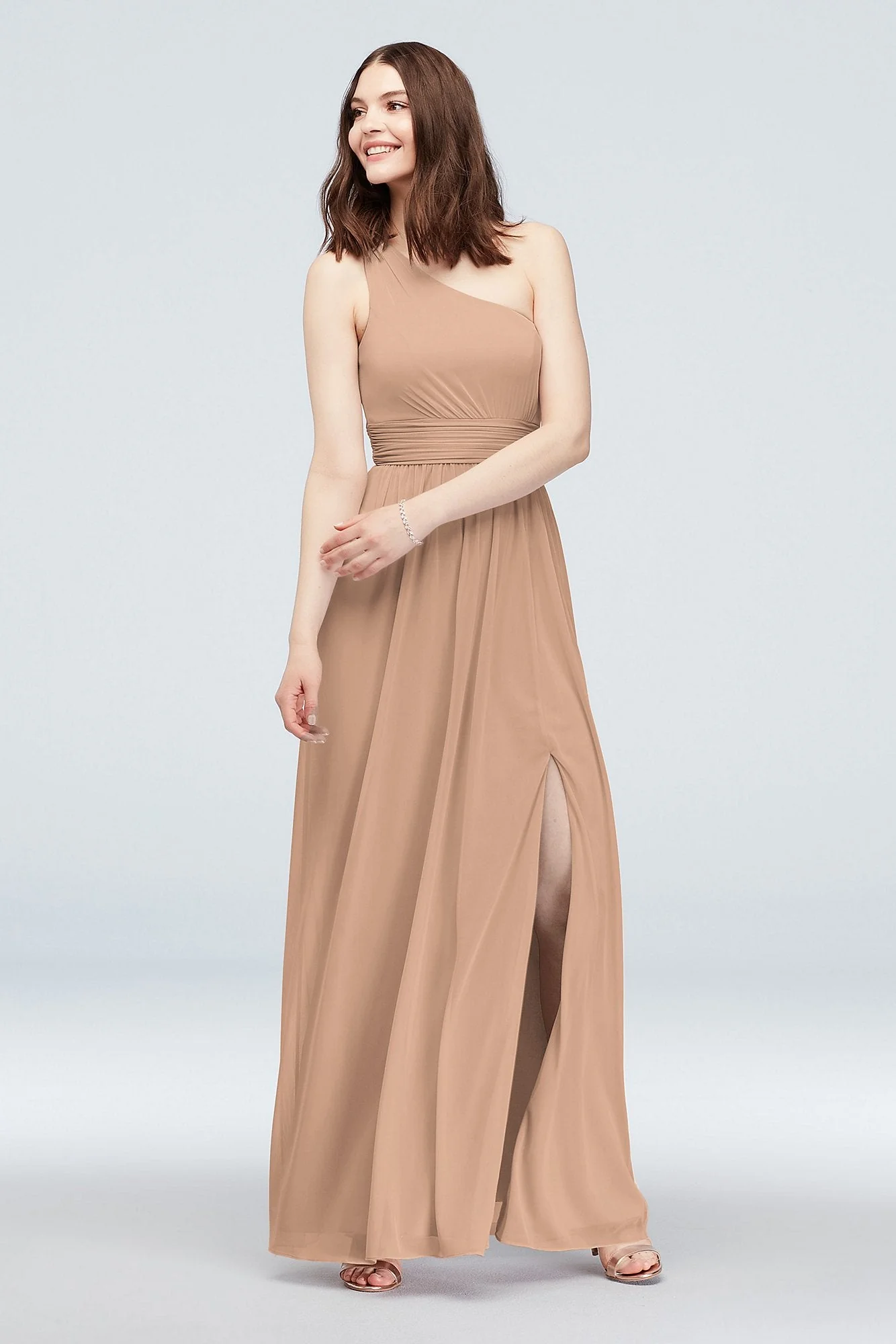 One Shoulder Ruched Waist Mesh Bridesmaid Dress - Image 24