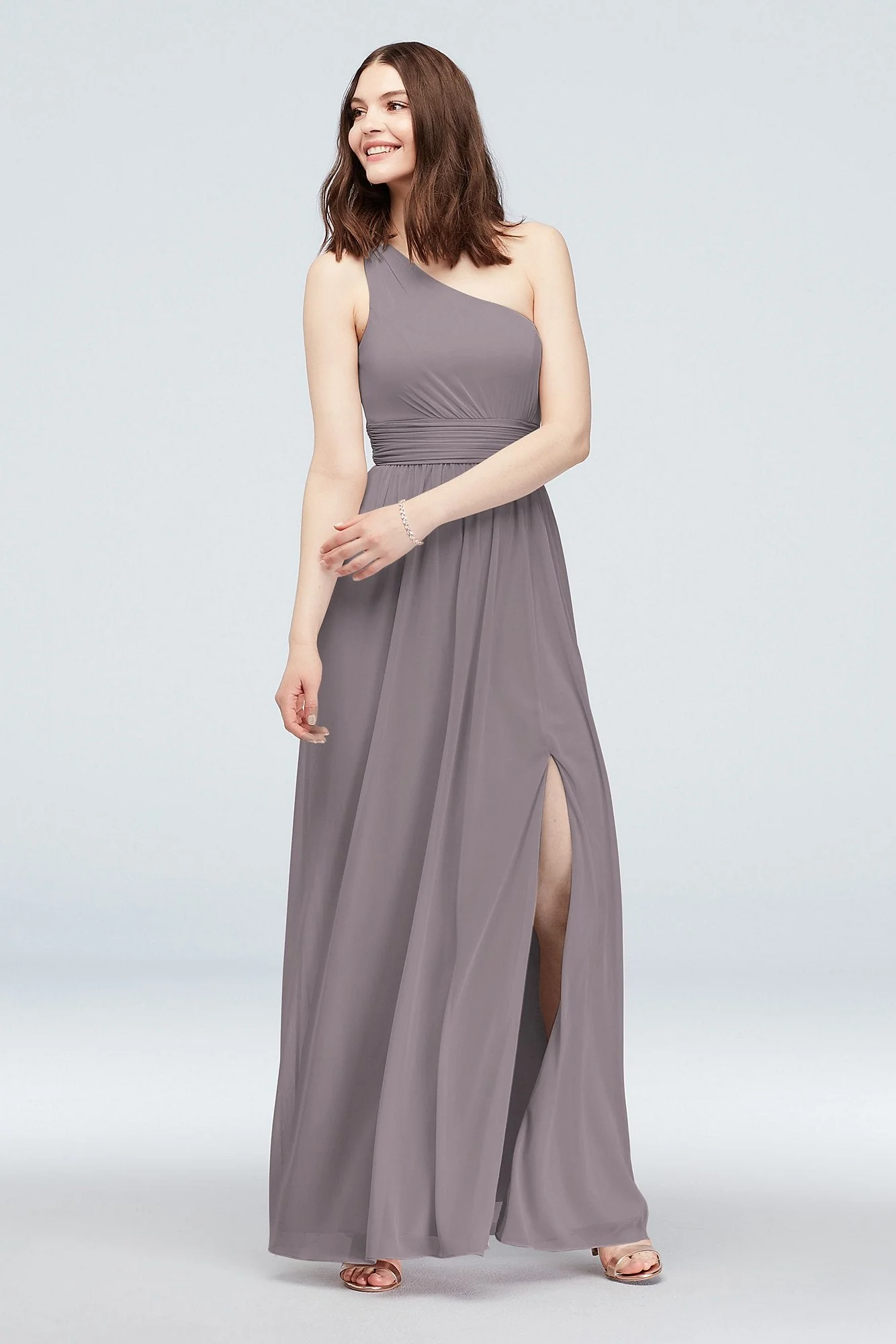 One Shoulder Ruched Waist Mesh Bridesmaid Dress - Image 3