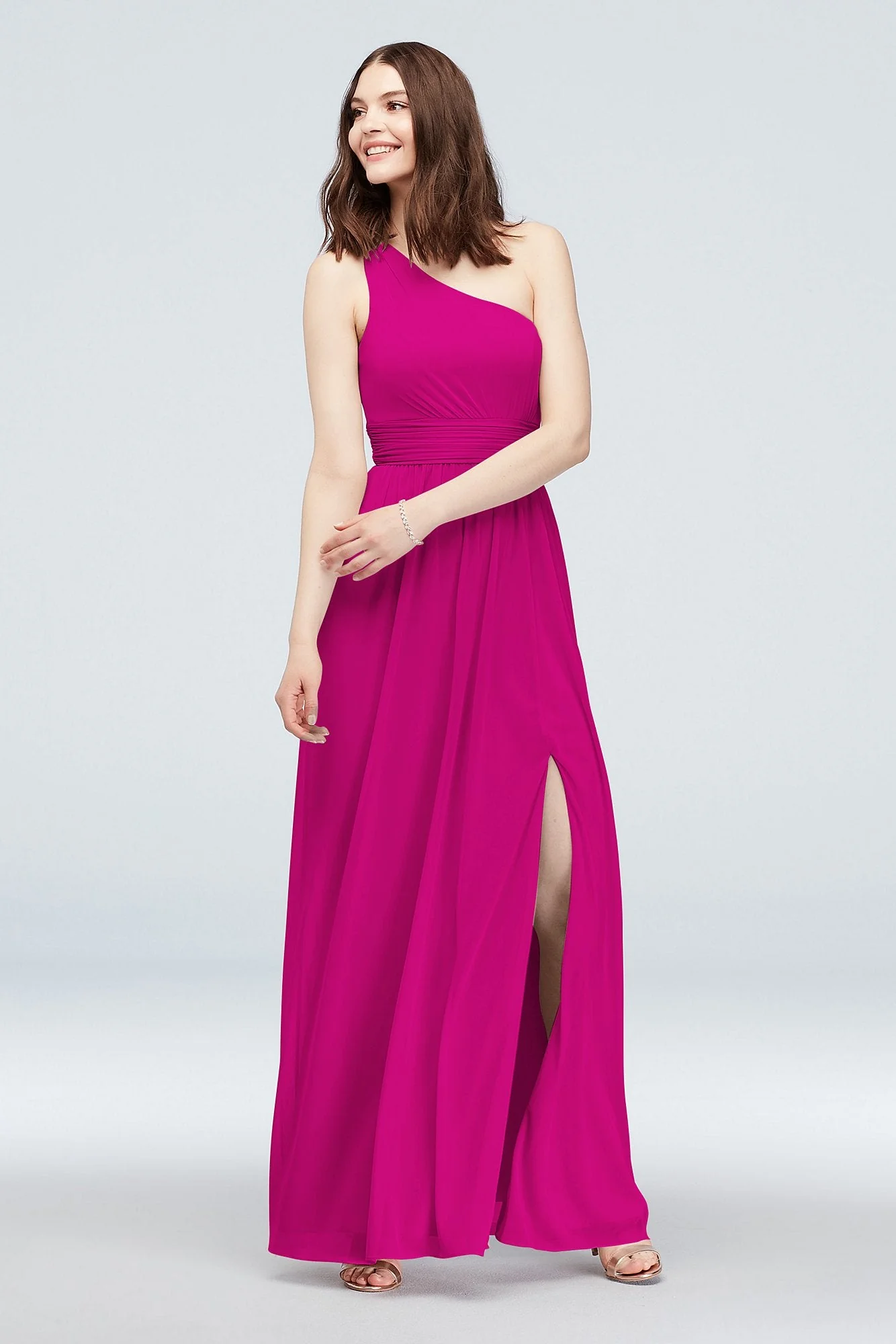 One Shoulder Ruched Waist Mesh Bridesmaid Dress - Image 30
