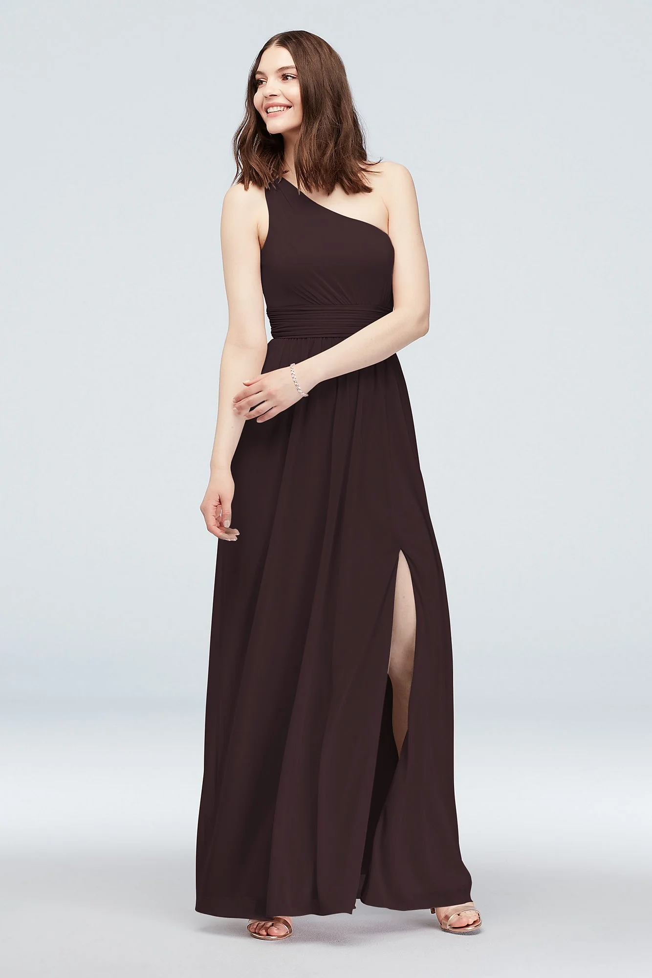 One Shoulder Ruched Waist Mesh Bridesmaid Dress - Image 31
