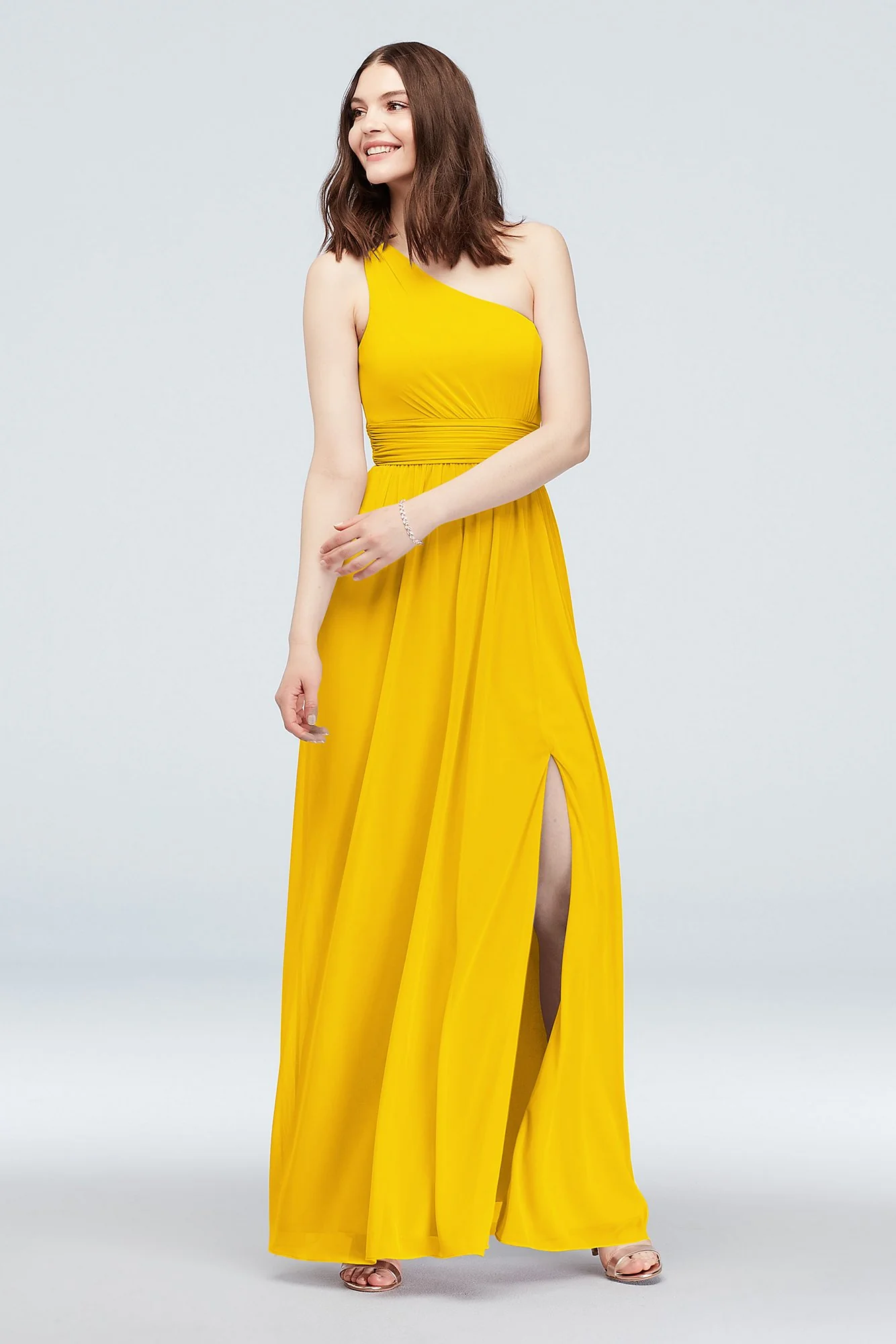One Shoulder Ruched Waist Mesh Bridesmaid Dress - Image 33