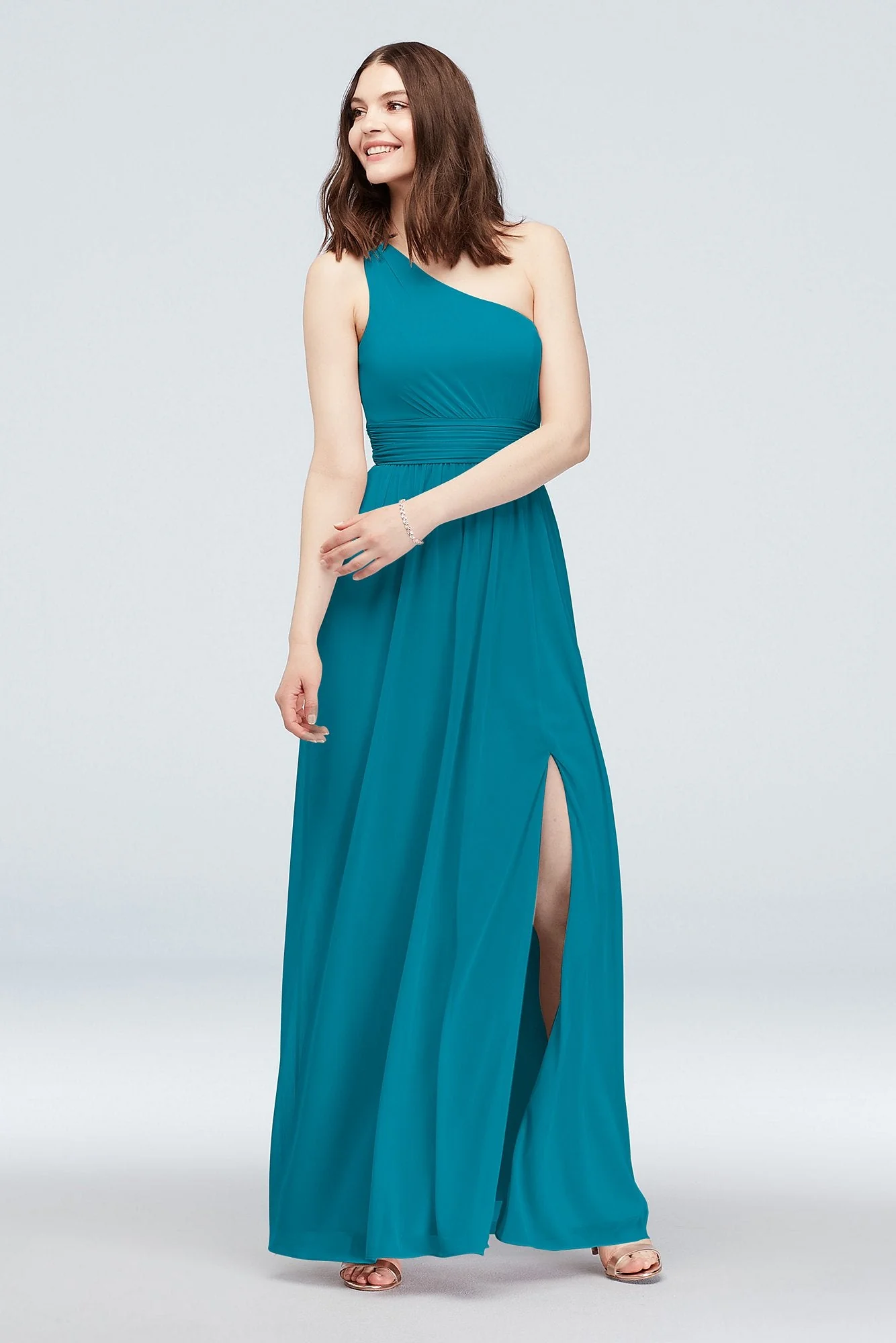 One Shoulder Ruched Waist Mesh Bridesmaid Dress - Image 34