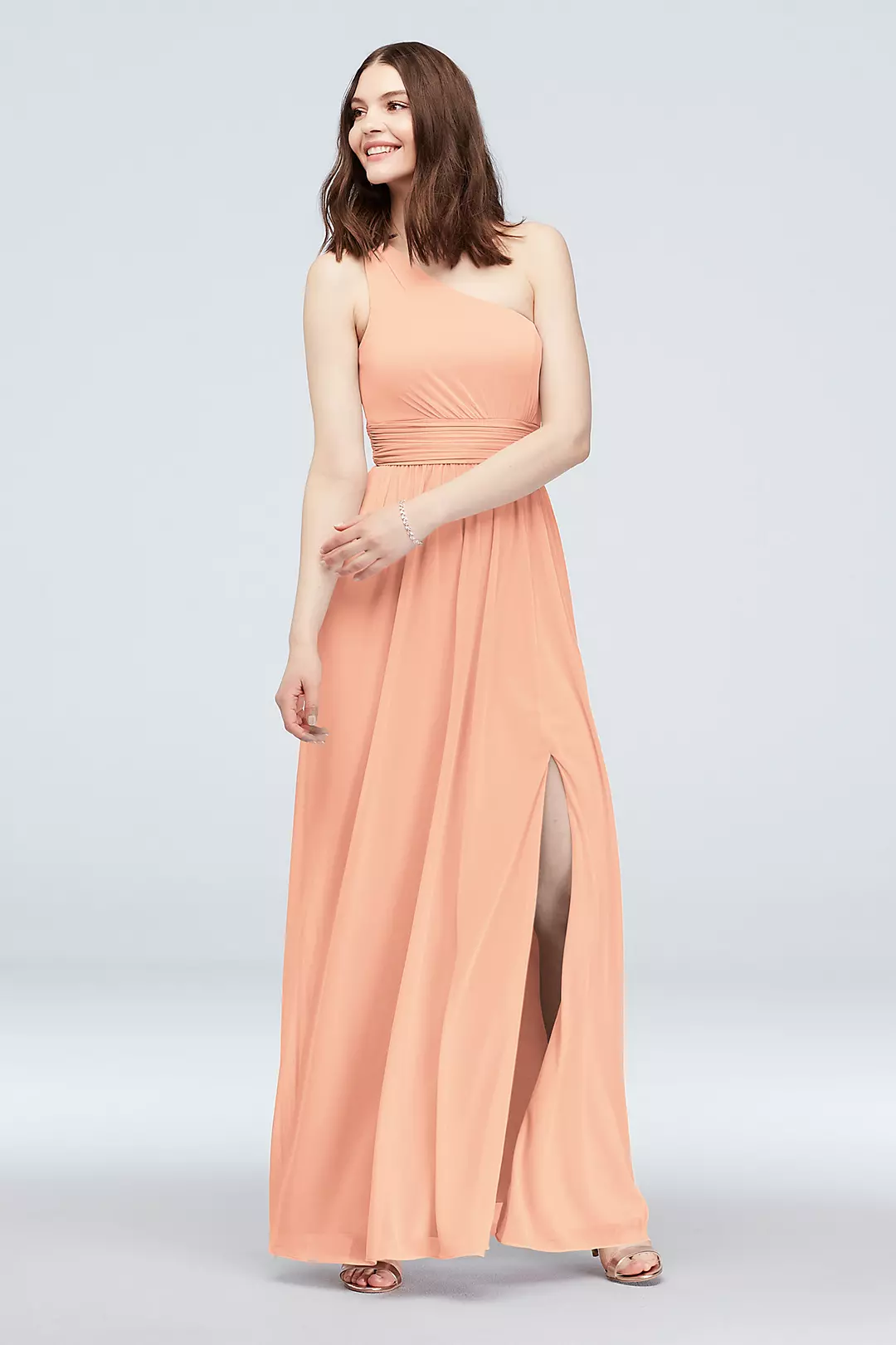 One Shoulder Ruched Waist Mesh Bridesmaid Dress - Image 38