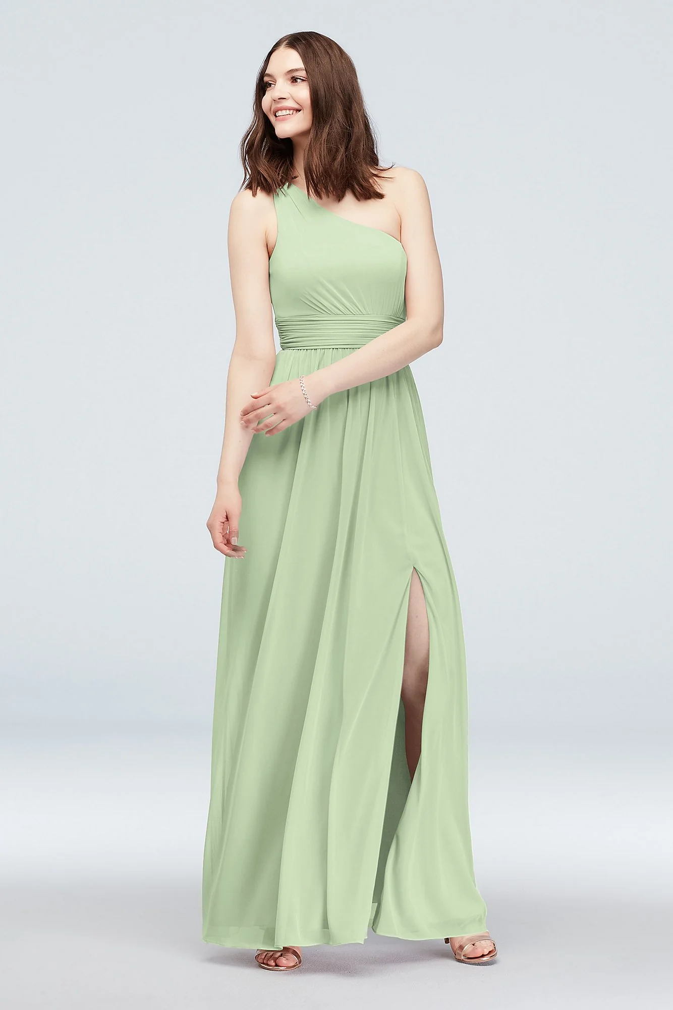 One Shoulder Ruched Waist Mesh Bridesmaid Dress - Image 4