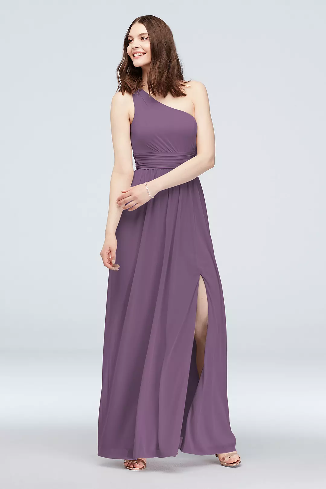 One Shoulder Ruched Waist Mesh Bridesmaid Dress - Image 40