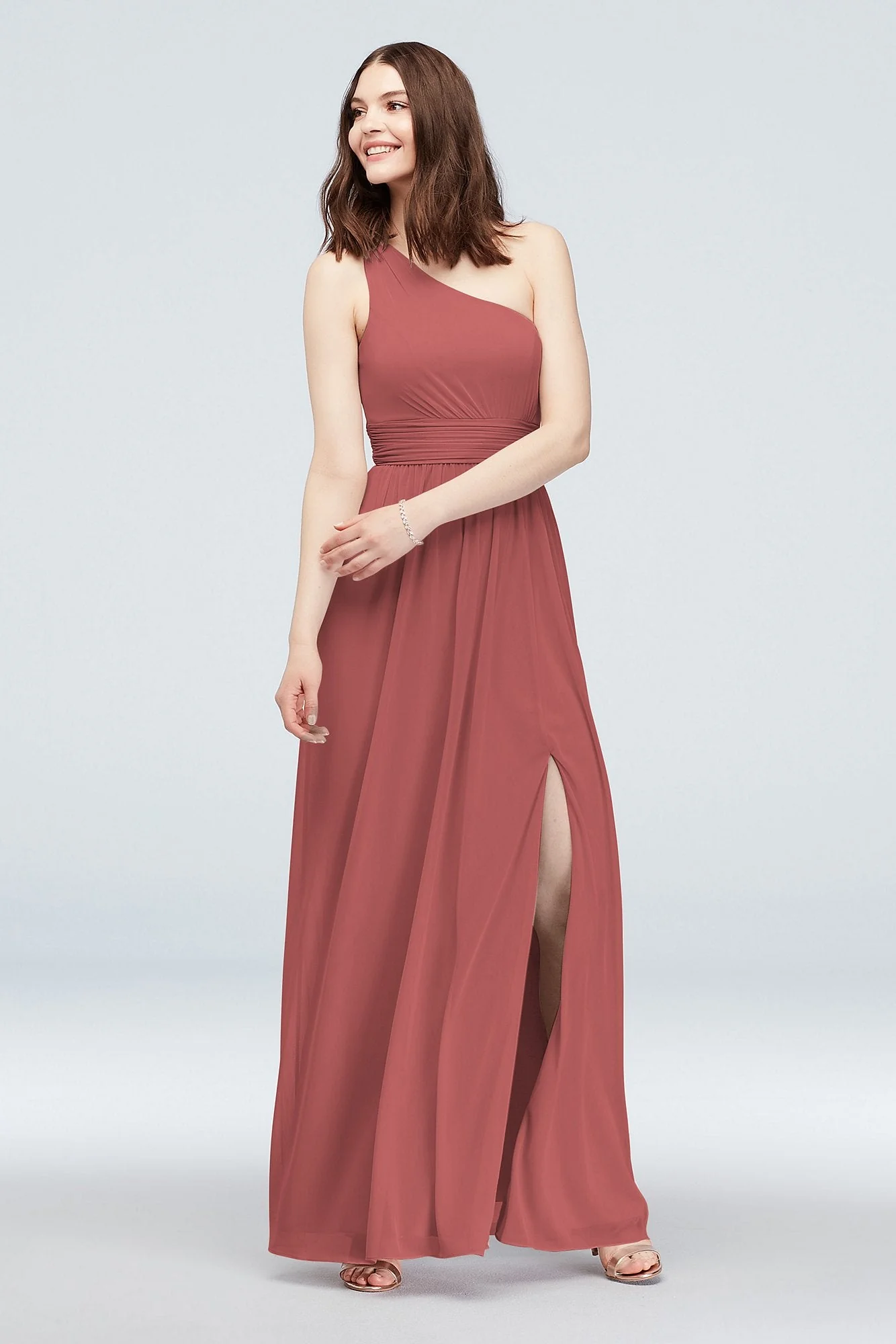 One Shoulder Ruched Waist Mesh Bridesmaid Dress - Image 46