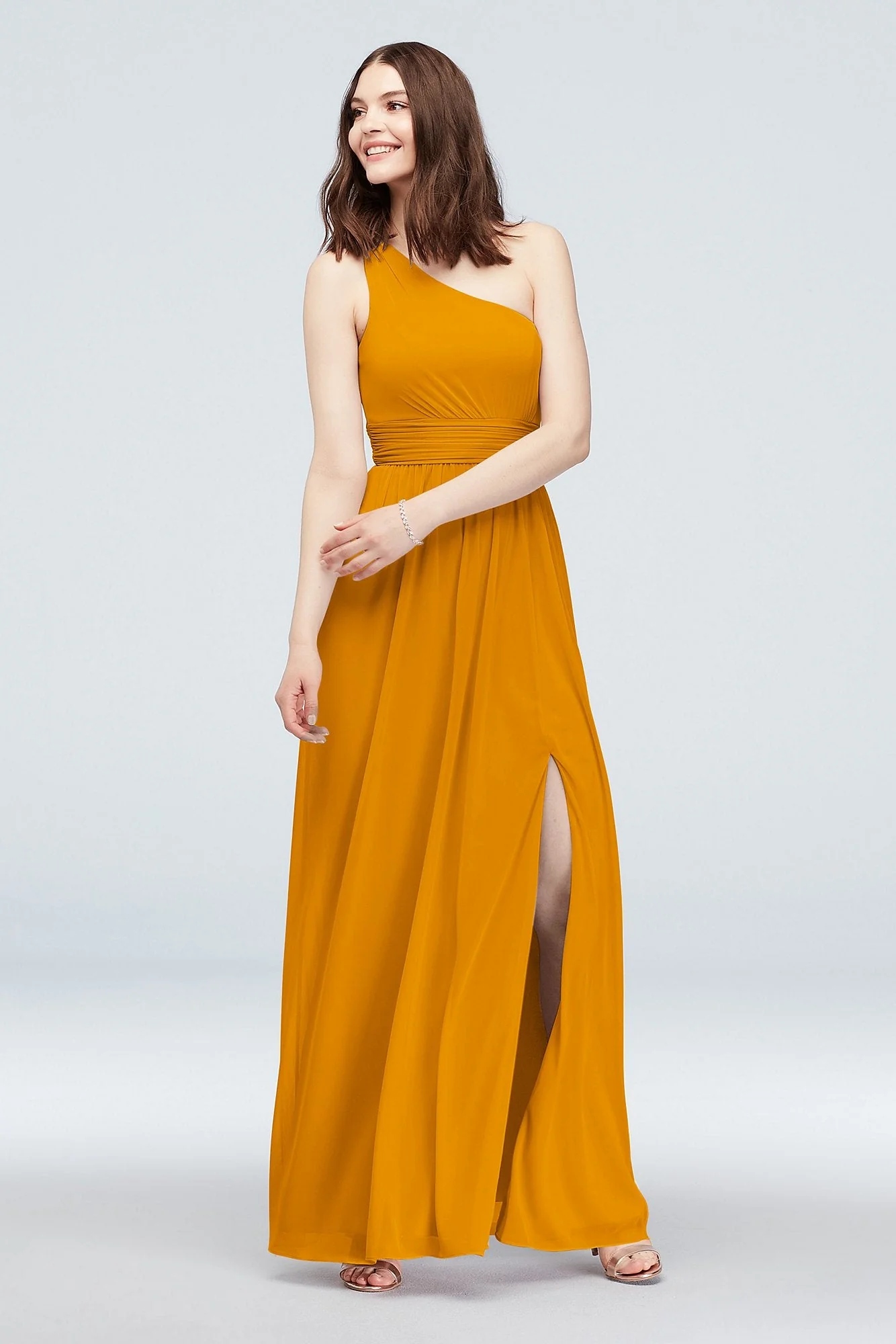 One Shoulder Ruched Waist Mesh Bridesmaid Dress - Image 47