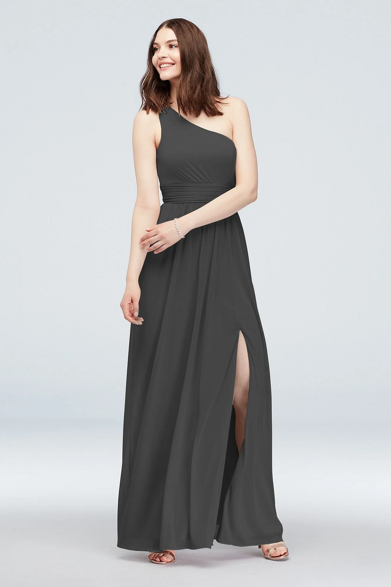 One Shoulder Ruched Waist Mesh Bridesmaid Dress - Image 49