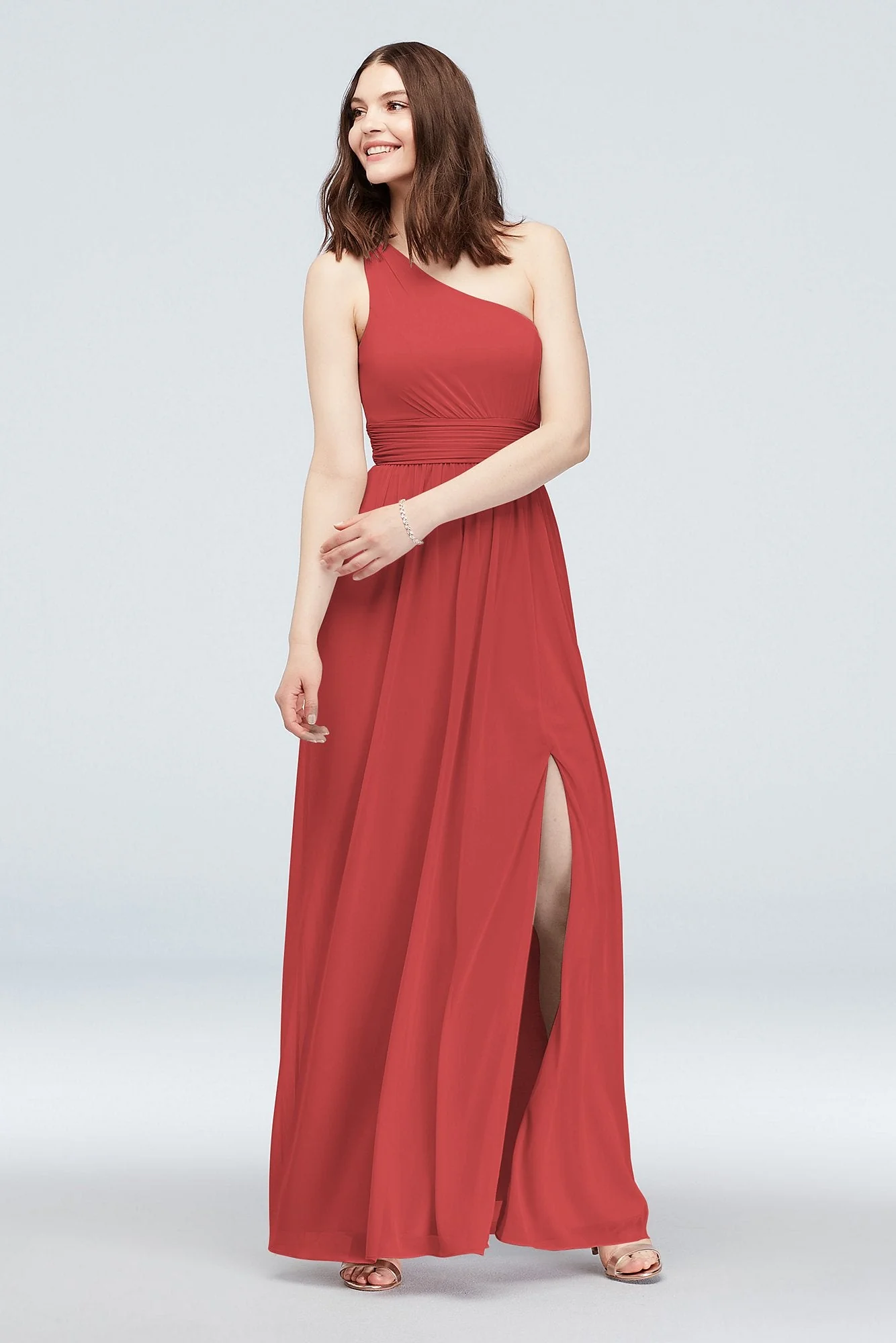 One Shoulder Ruched Waist Mesh Bridesmaid Dress - Image 5