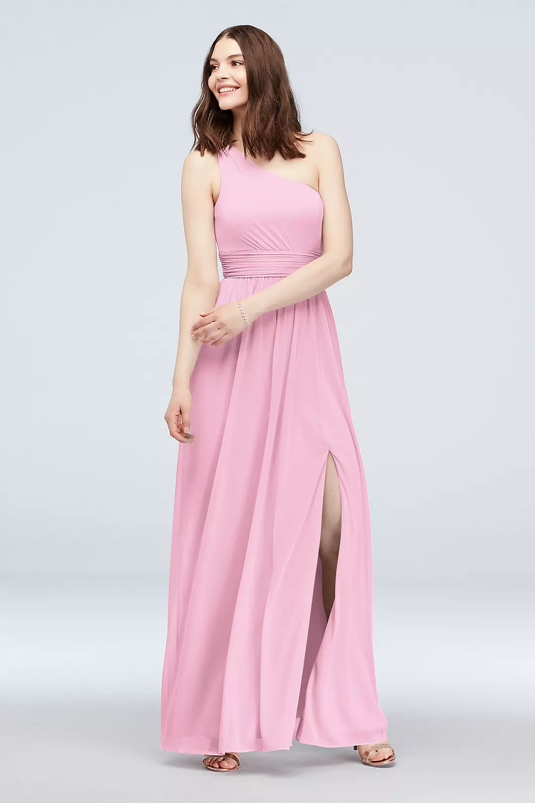 One Shoulder Ruched Waist Mesh Bridesmaid Dress - Image 50