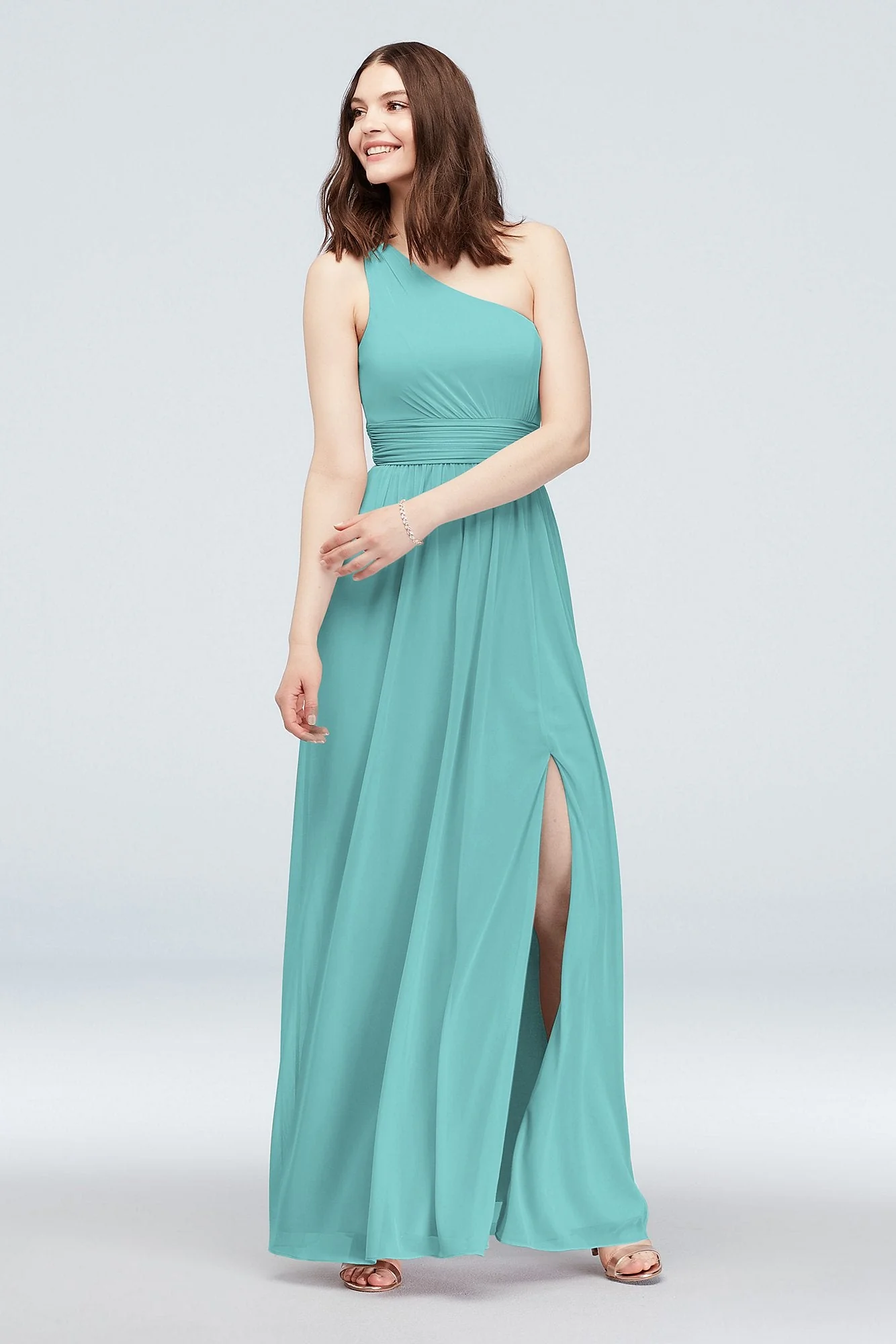 One Shoulder Ruched Waist Mesh Bridesmaid Dress - Image 51