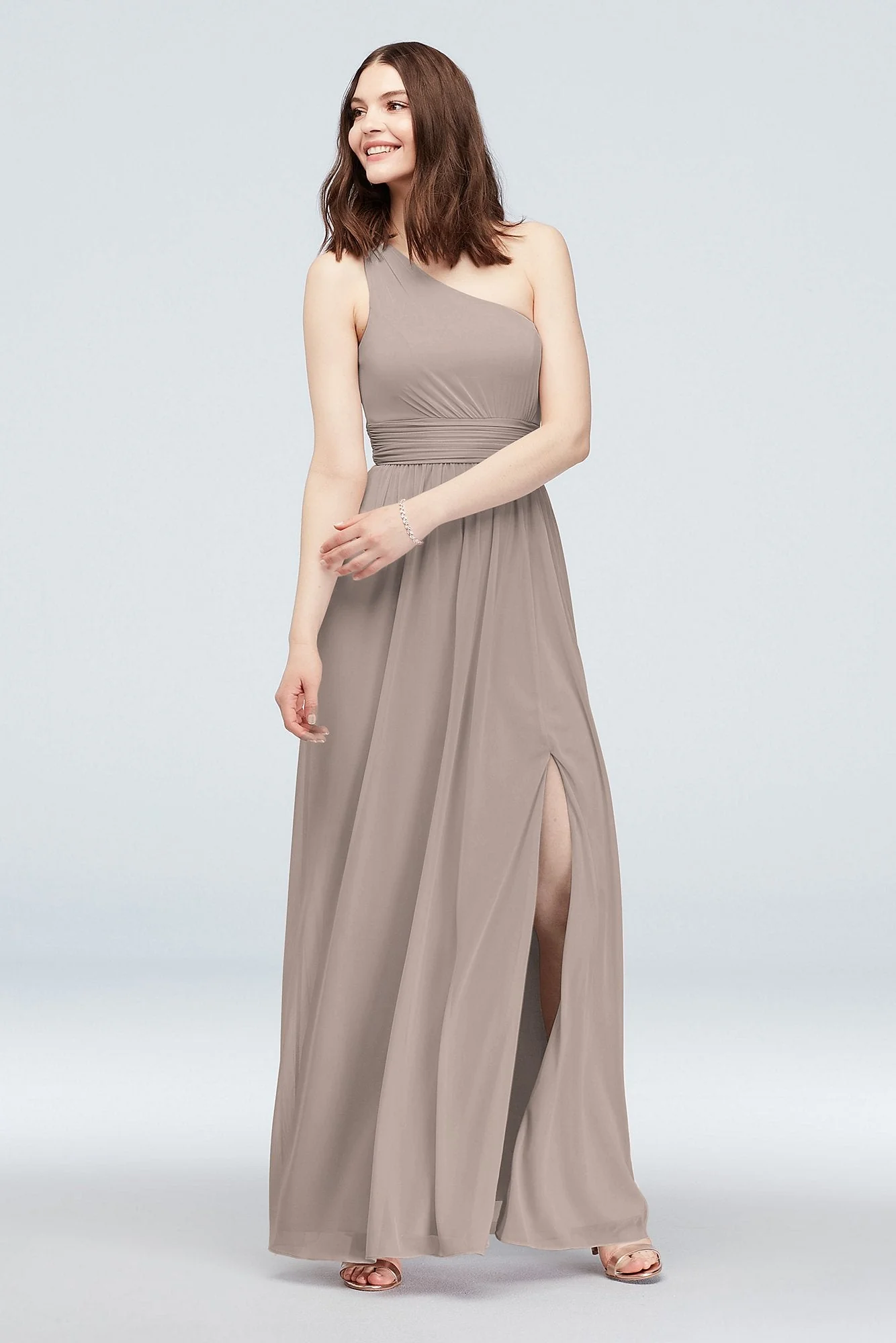 One Shoulder Ruched Waist Mesh Bridesmaid Dress - Image 52
