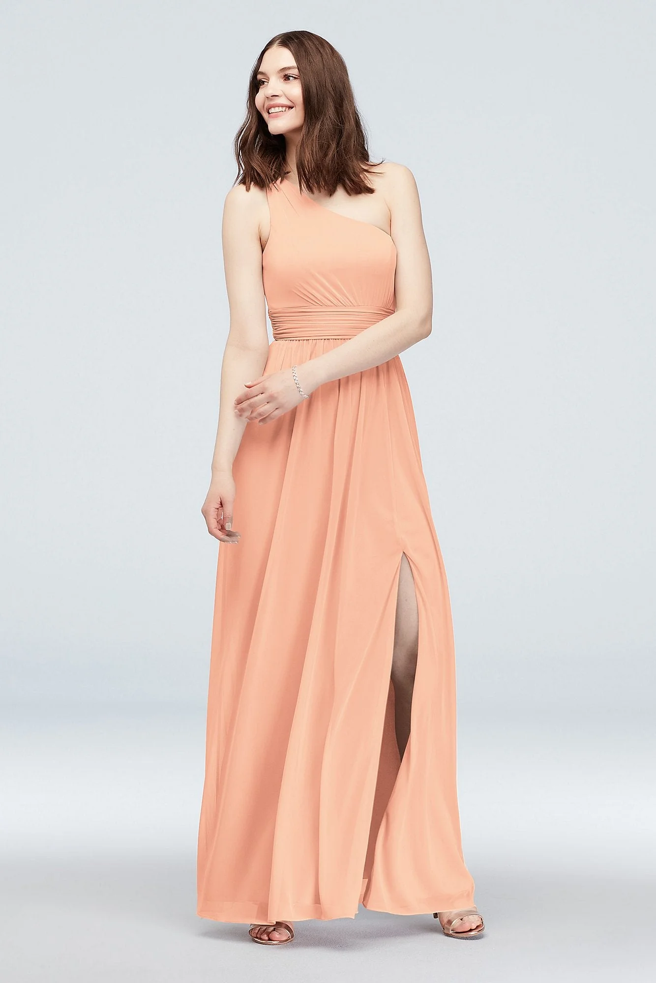 One Shoulder Ruched Waist Mesh Bridesmaid Dress - Image 55