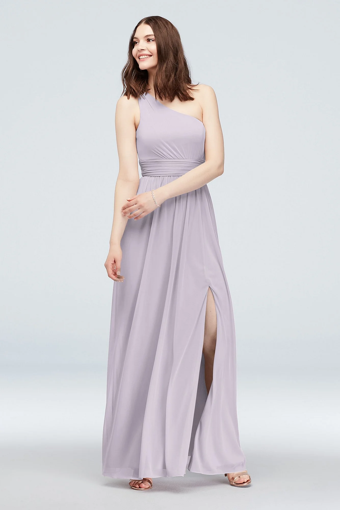One Shoulder Ruched Waist Mesh Bridesmaid Dress - Image 56