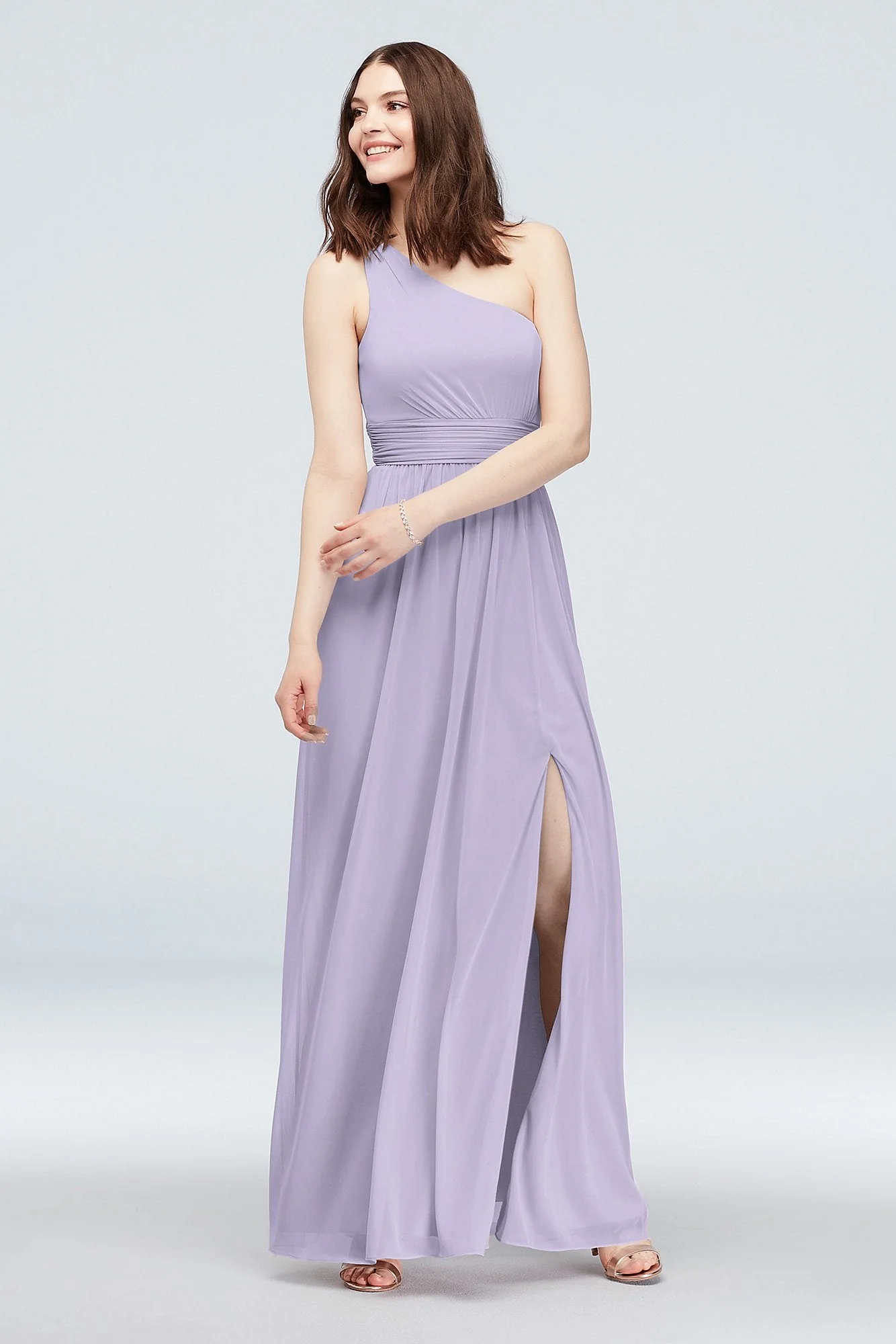 One Shoulder Ruched Waist Mesh Bridesmaid Dress - Image 57
