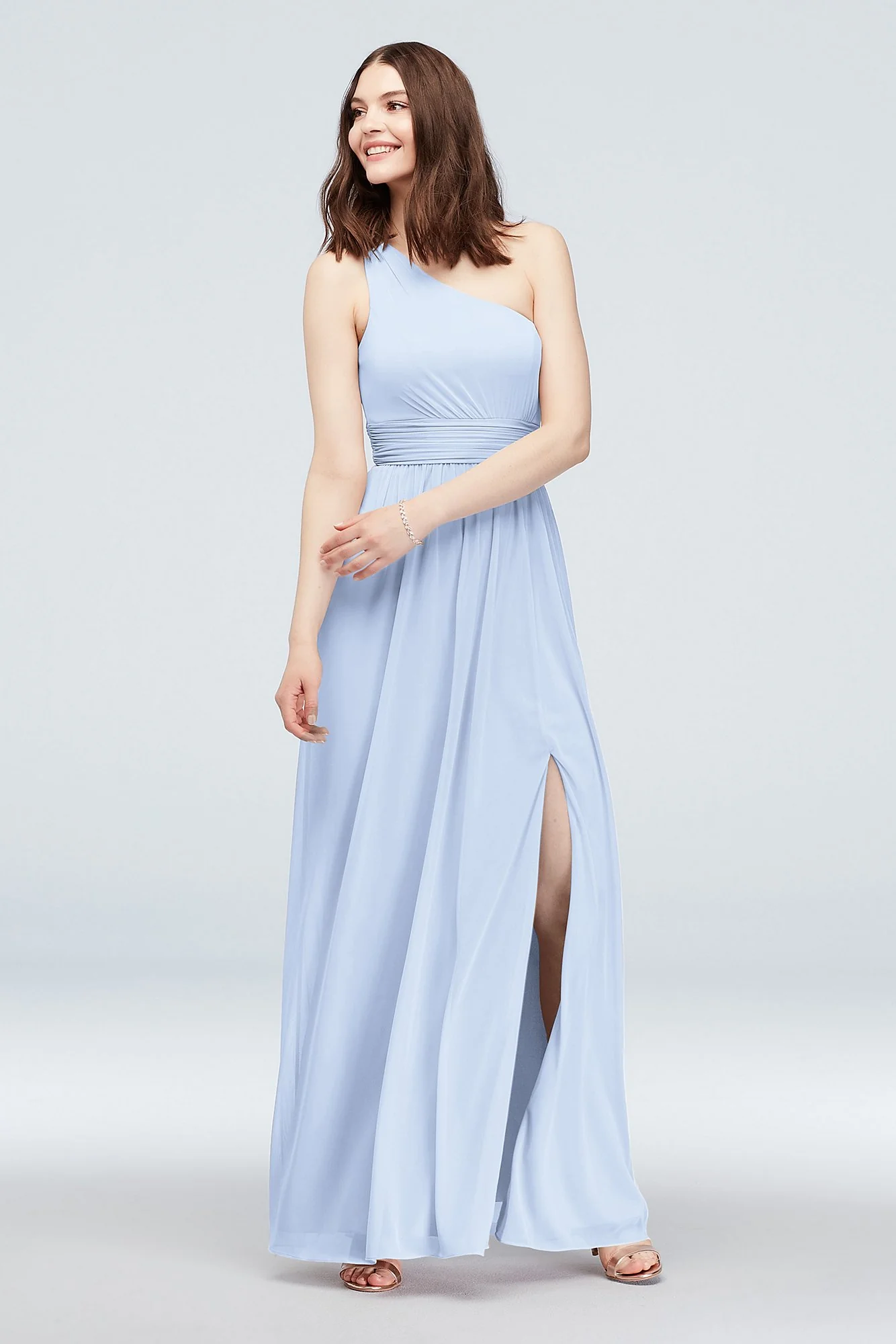 One Shoulder Ruched Waist Mesh Bridesmaid Dress - Image 58