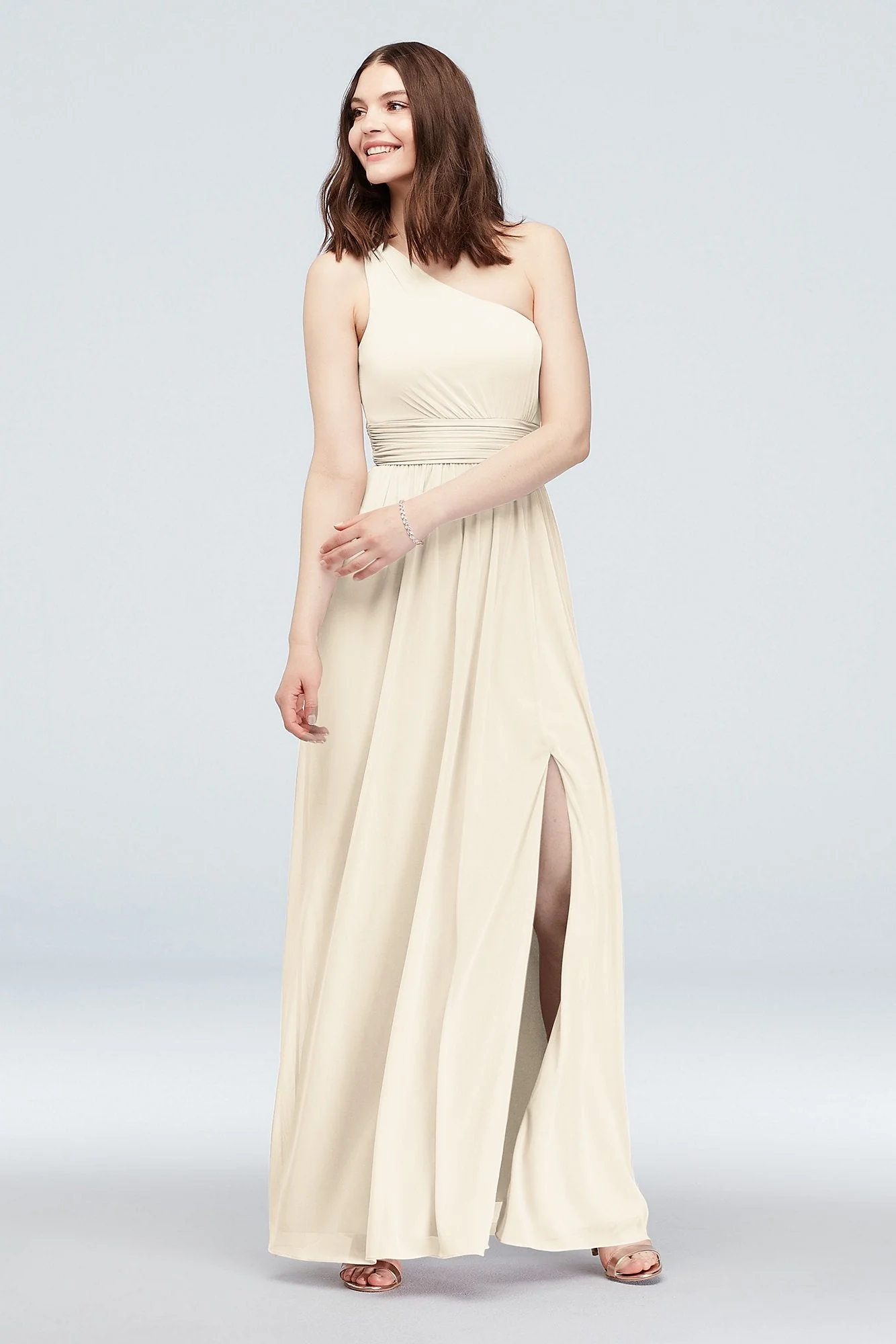 One Shoulder Ruched Waist Mesh Bridesmaid Dress - Image 59