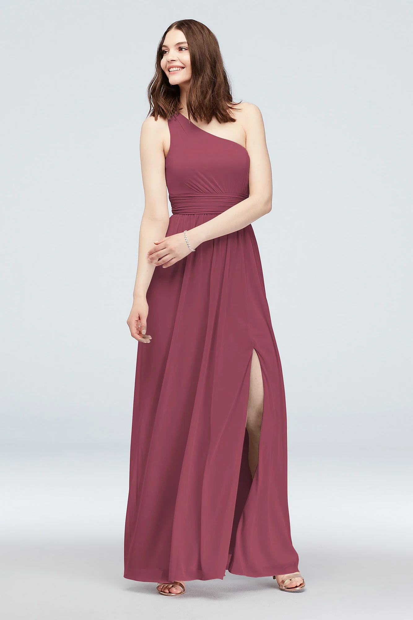 One Shoulder Ruched Waist Mesh Bridesmaid Dress - Image 61