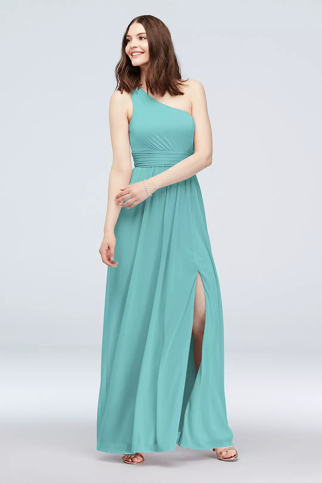 One Shoulder Ruched Waist Mesh Bridesmaid Dress - Image 62