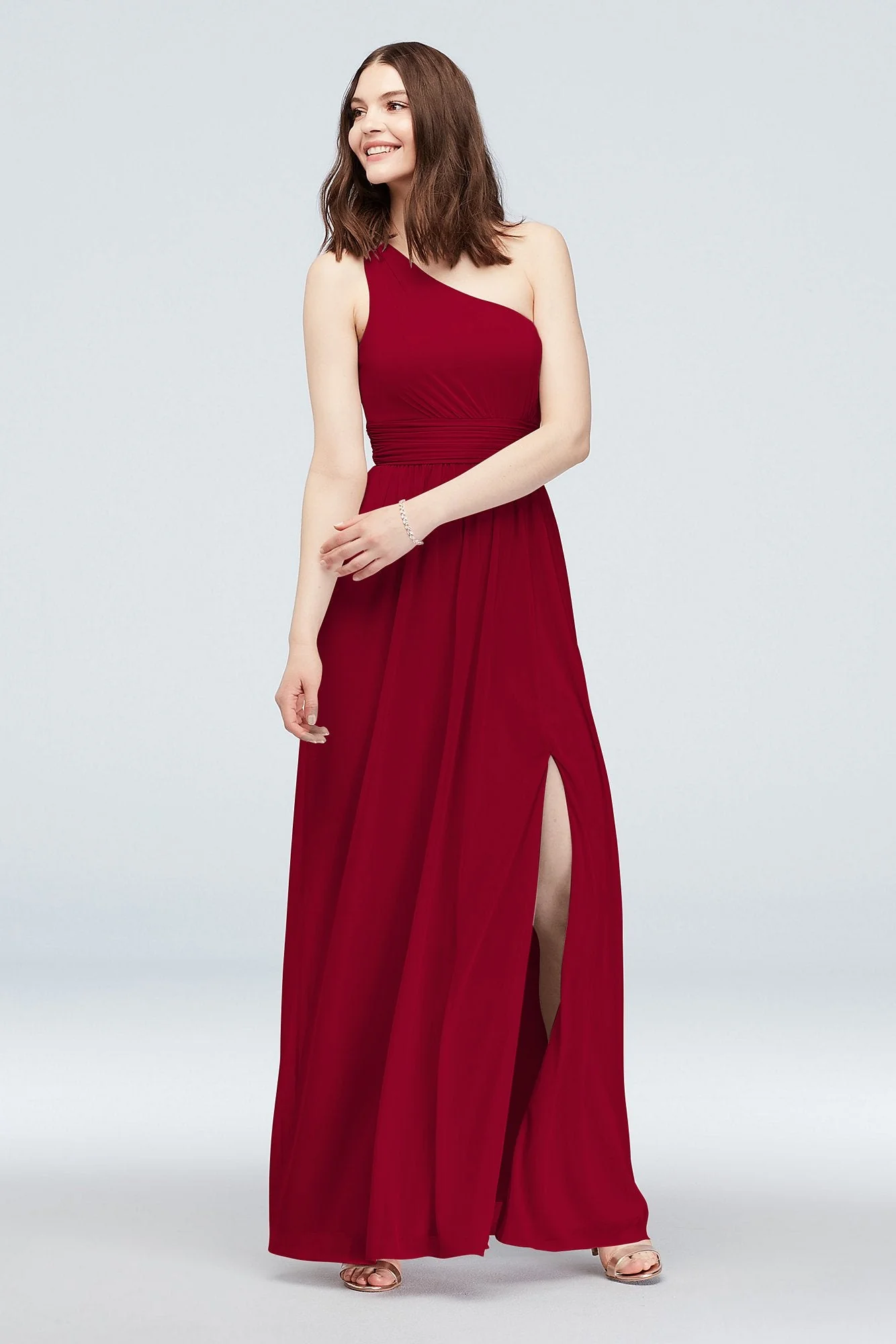 One Shoulder Ruched Waist Mesh Bridesmaid Dress - Image 64