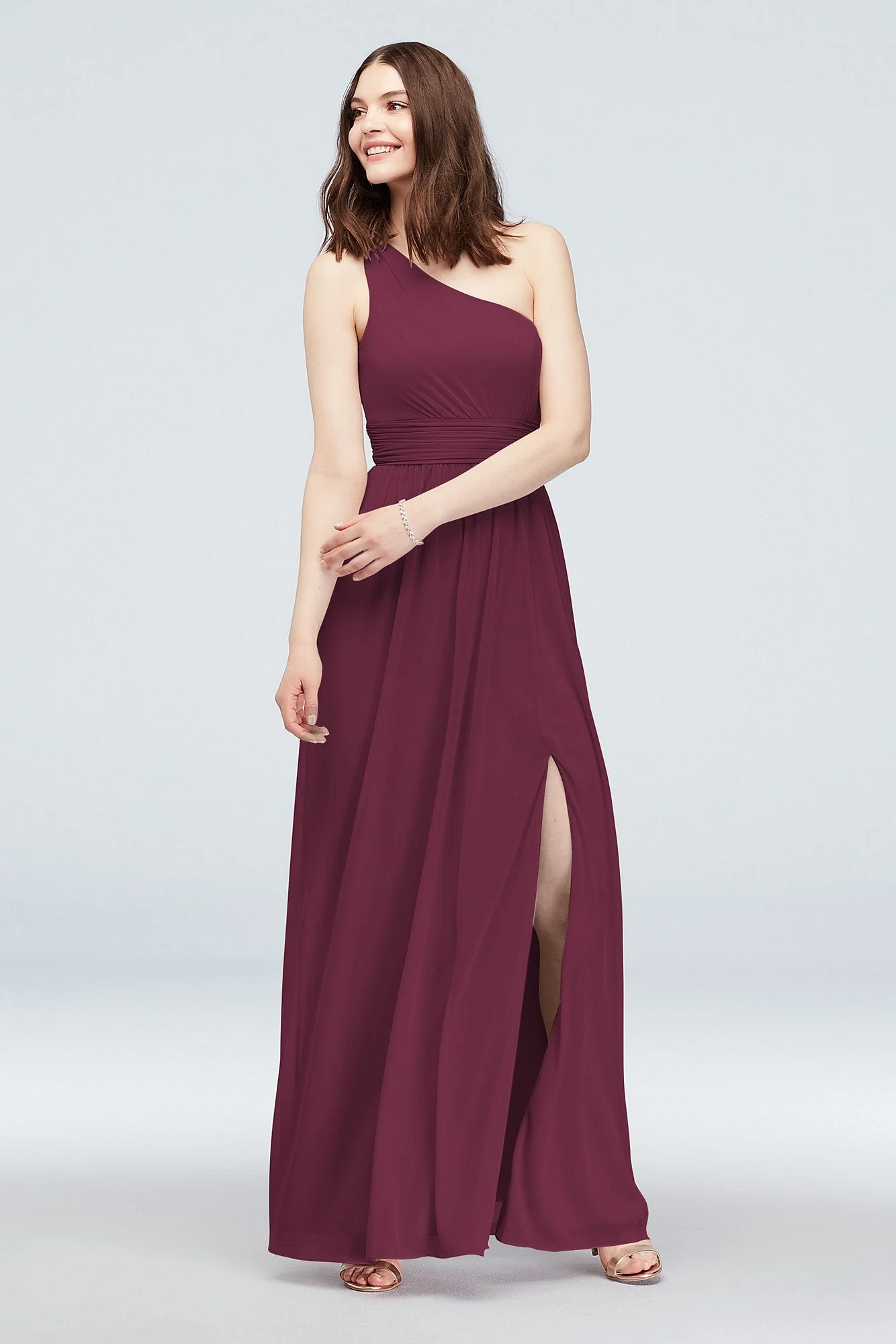 One Shoulder Ruched Waist Mesh Bridesmaid Dress - Image 65