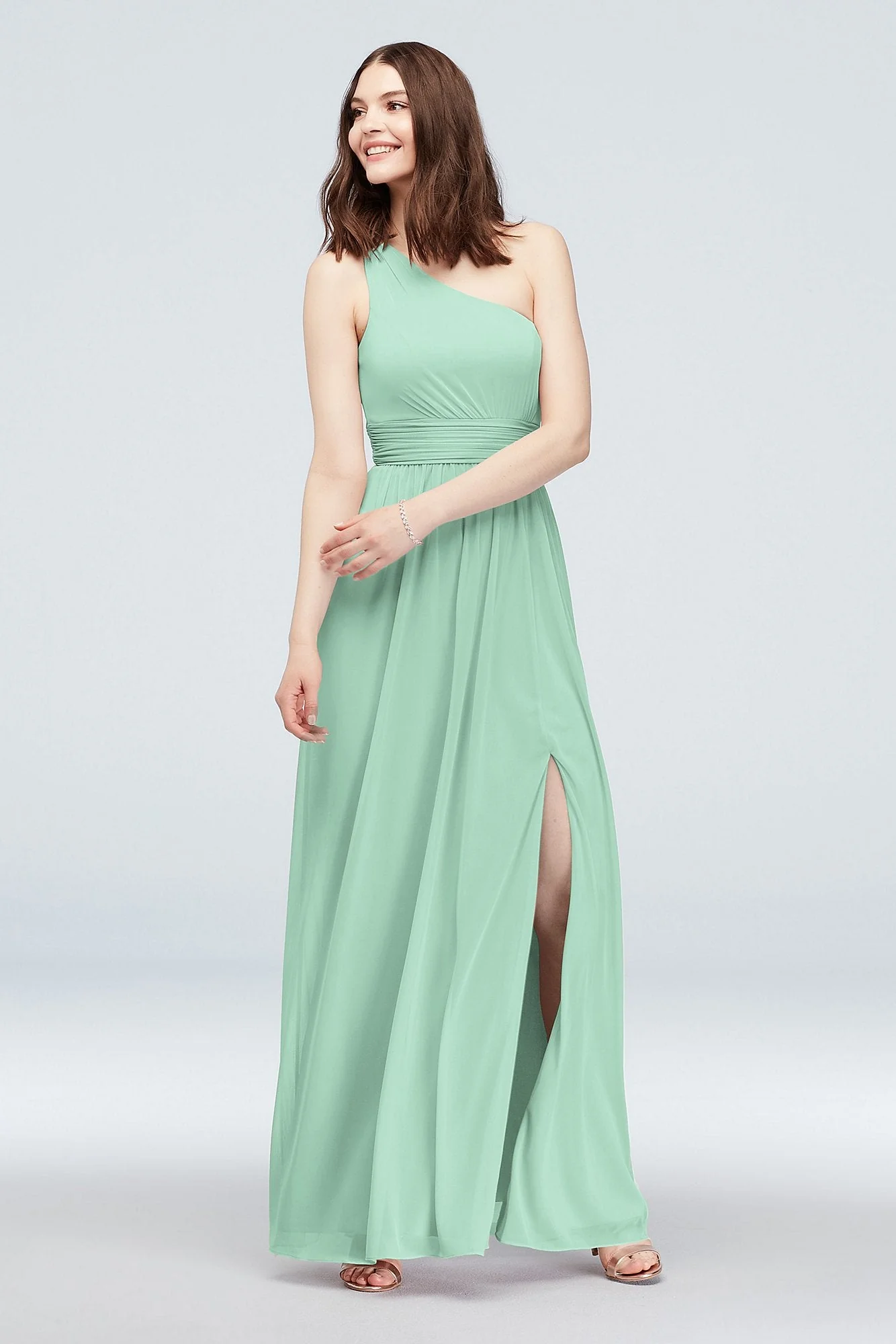One Shoulder Ruched Waist Mesh Bridesmaid Dress - Image 67