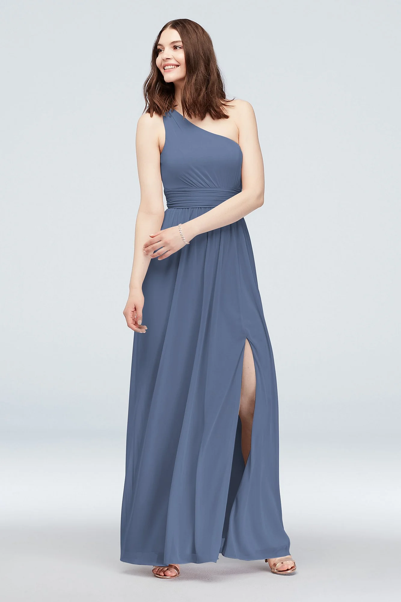 One Shoulder Ruched Waist Mesh Bridesmaid Dress - Image 68