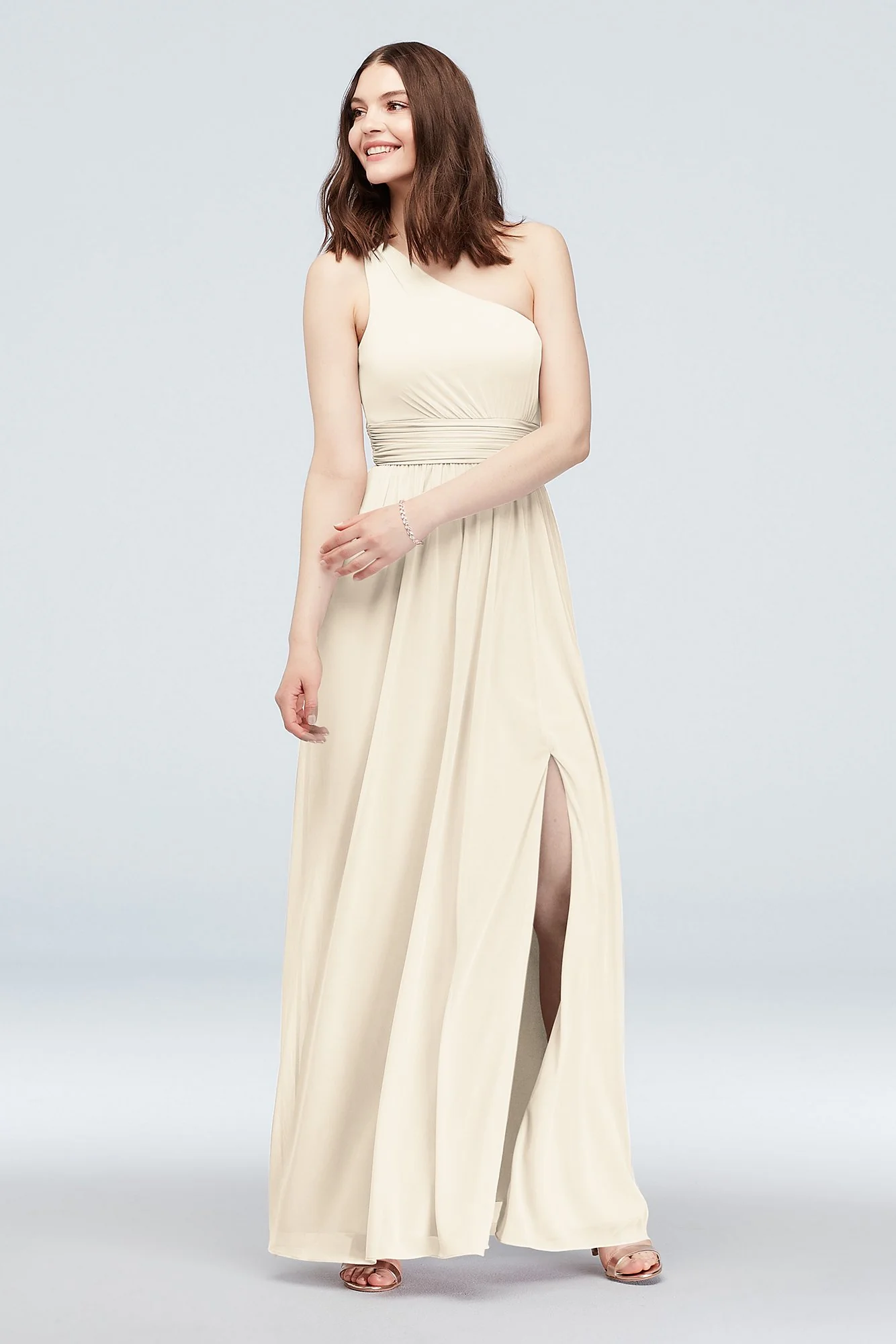 One Shoulder Ruched Waist Mesh Bridesmaid Dress - Image 7