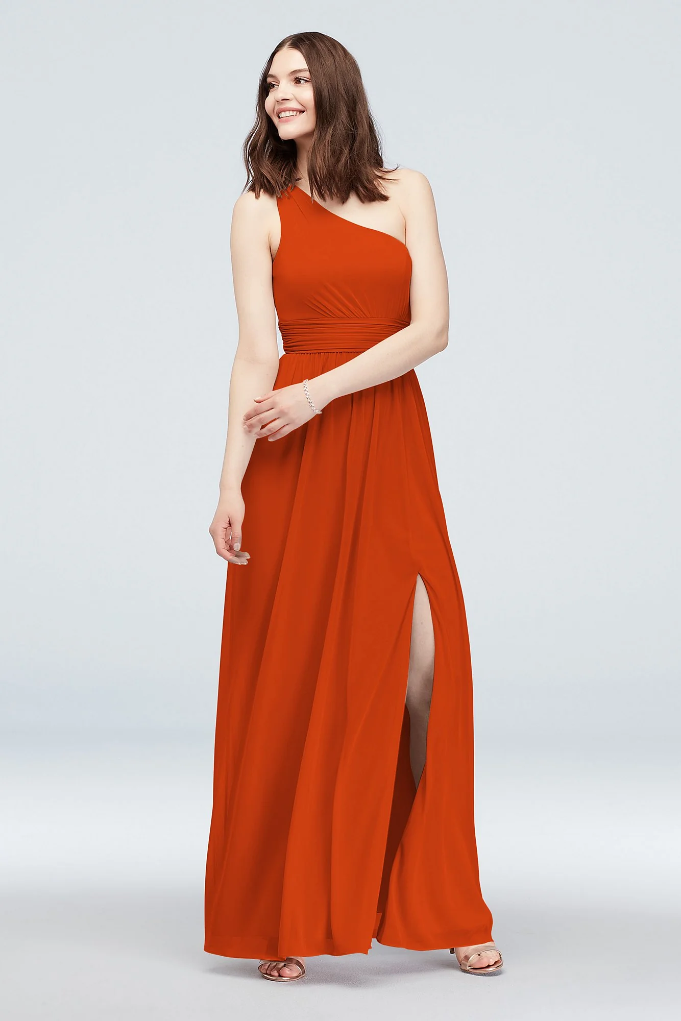 One Shoulder Ruched Waist Mesh Bridesmaid Dress - Image 70