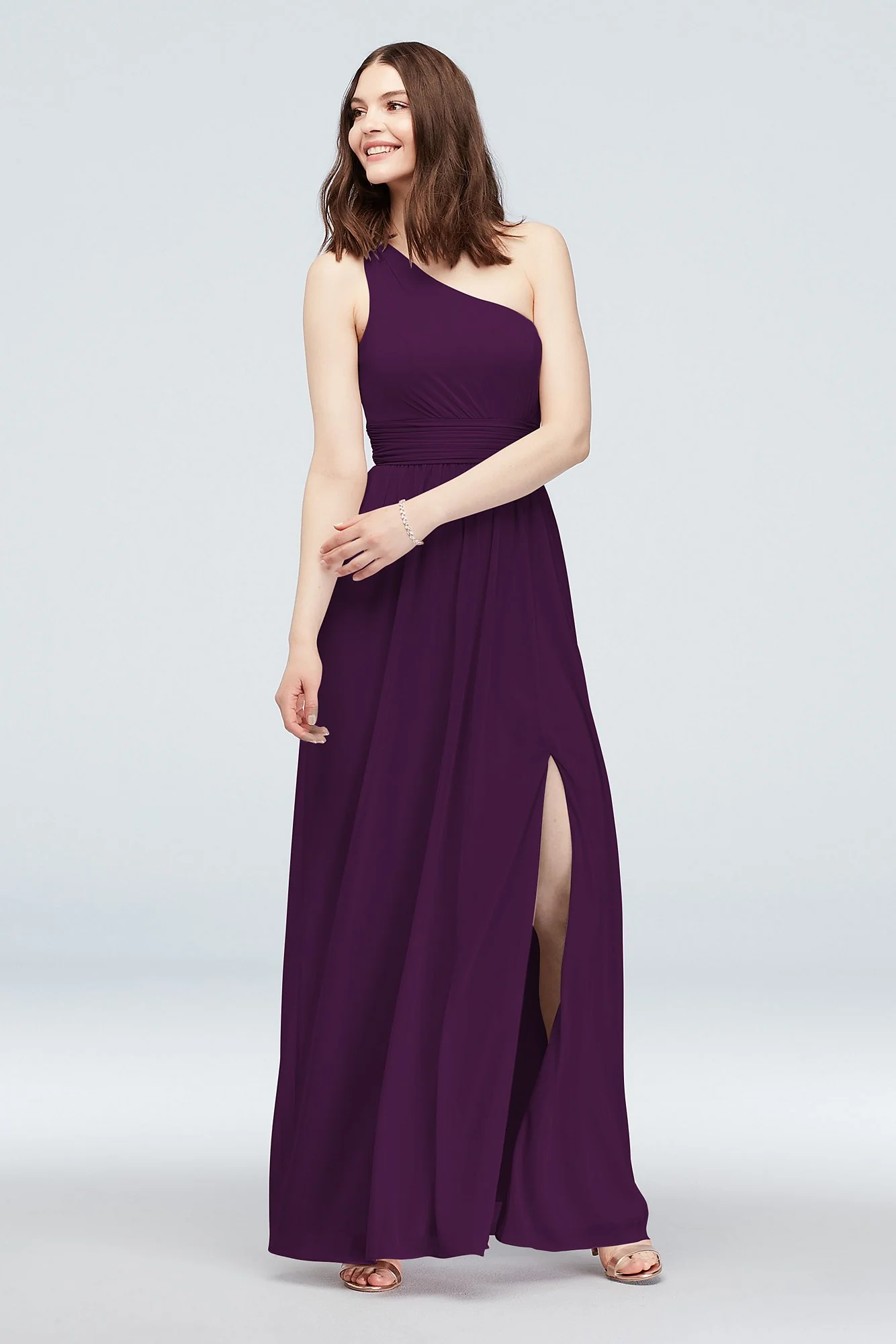 One Shoulder Ruched Waist Mesh Bridesmaid Dress - Image 72
