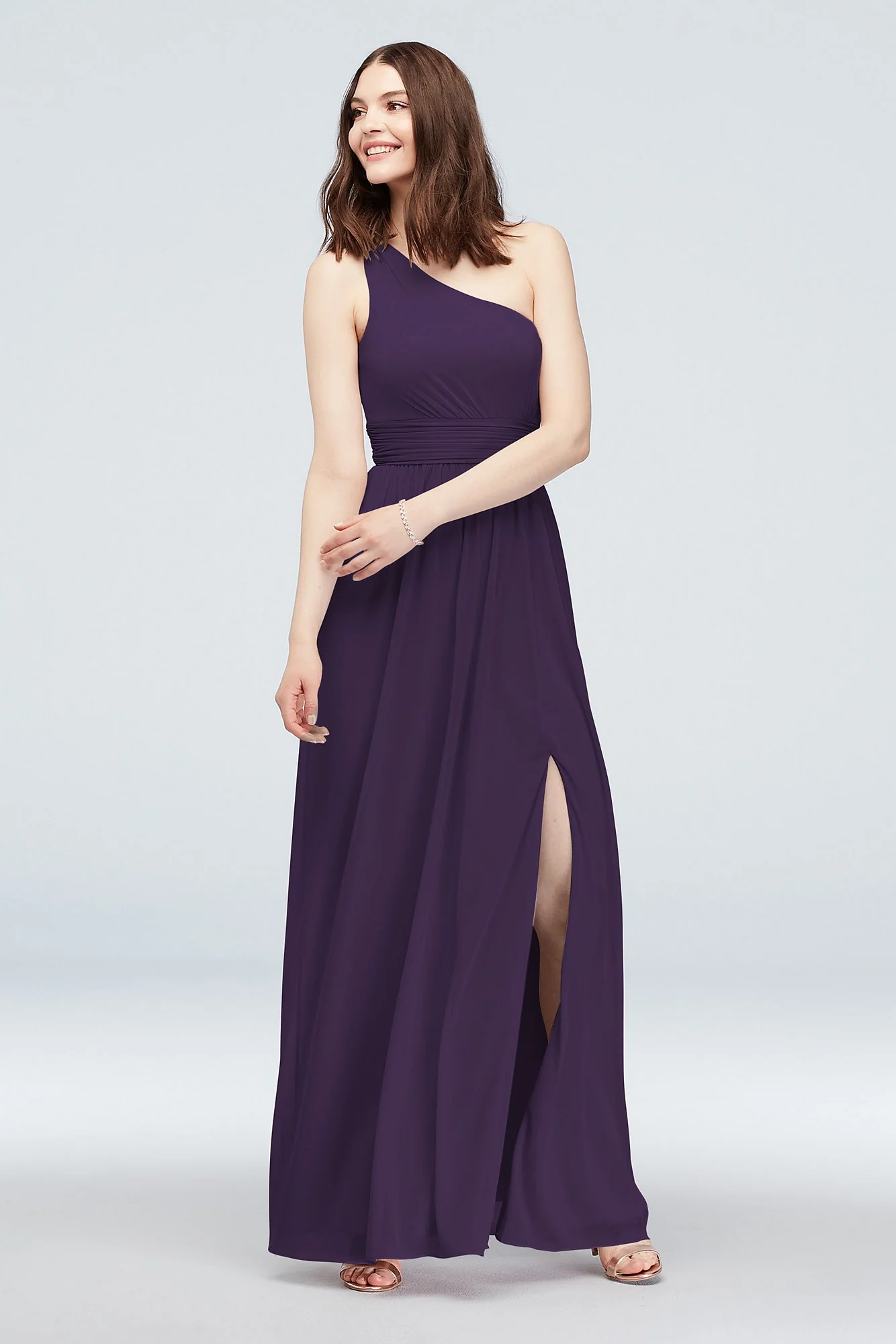 One Shoulder Ruched Waist Mesh Bridesmaid Dress - Image 73