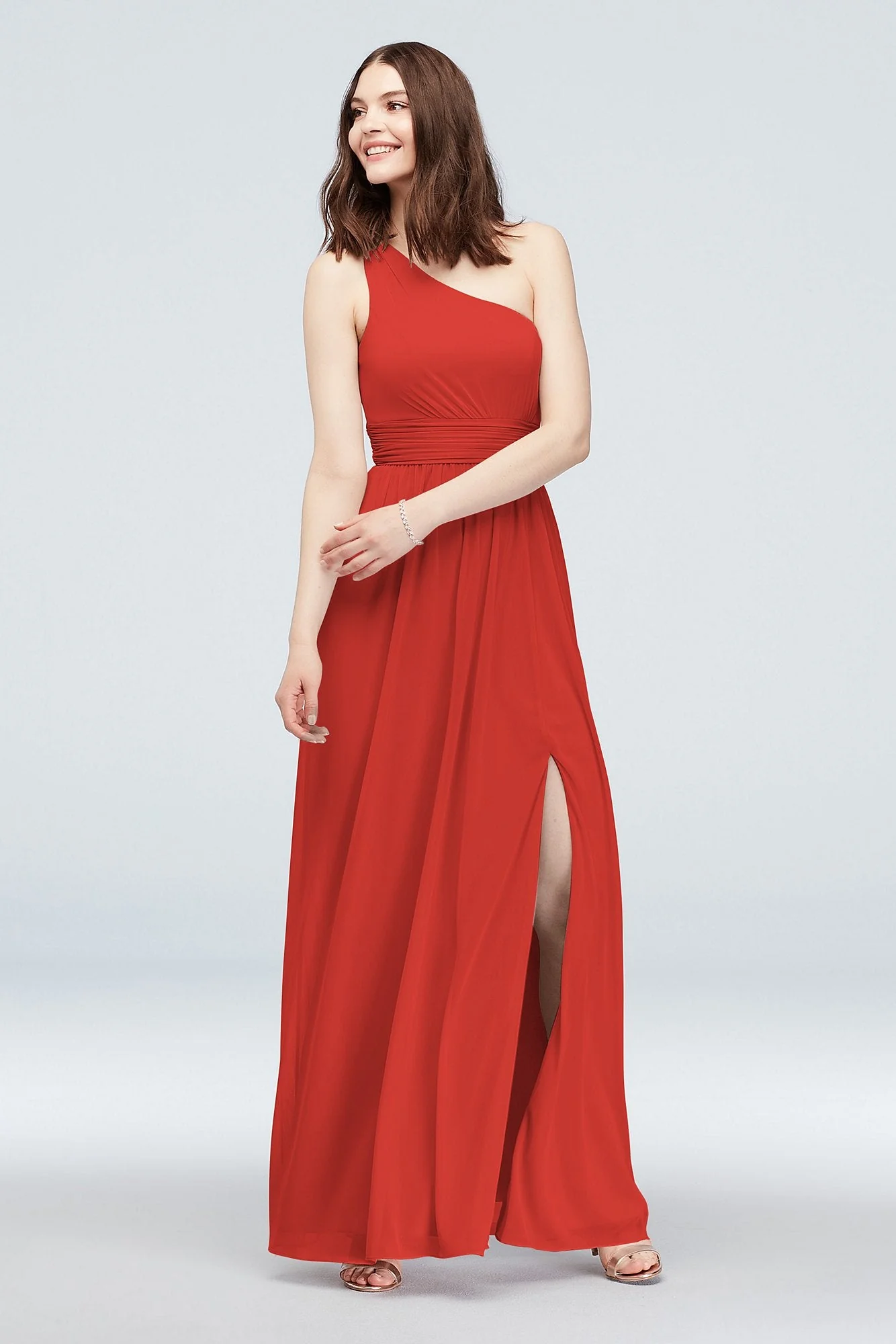 One Shoulder Ruched Waist Mesh Bridesmaid Dress - Image 77