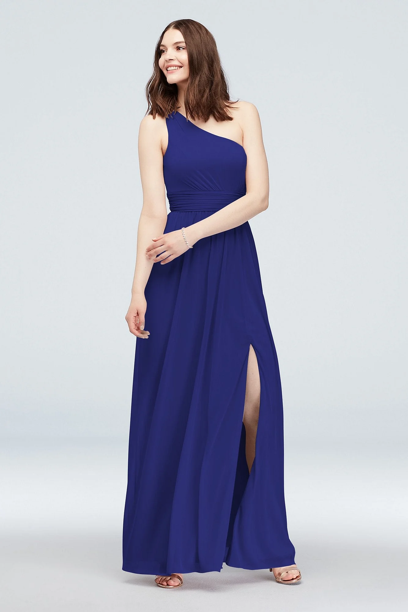 One Shoulder Ruched Waist Mesh Bridesmaid Dress - Image 78