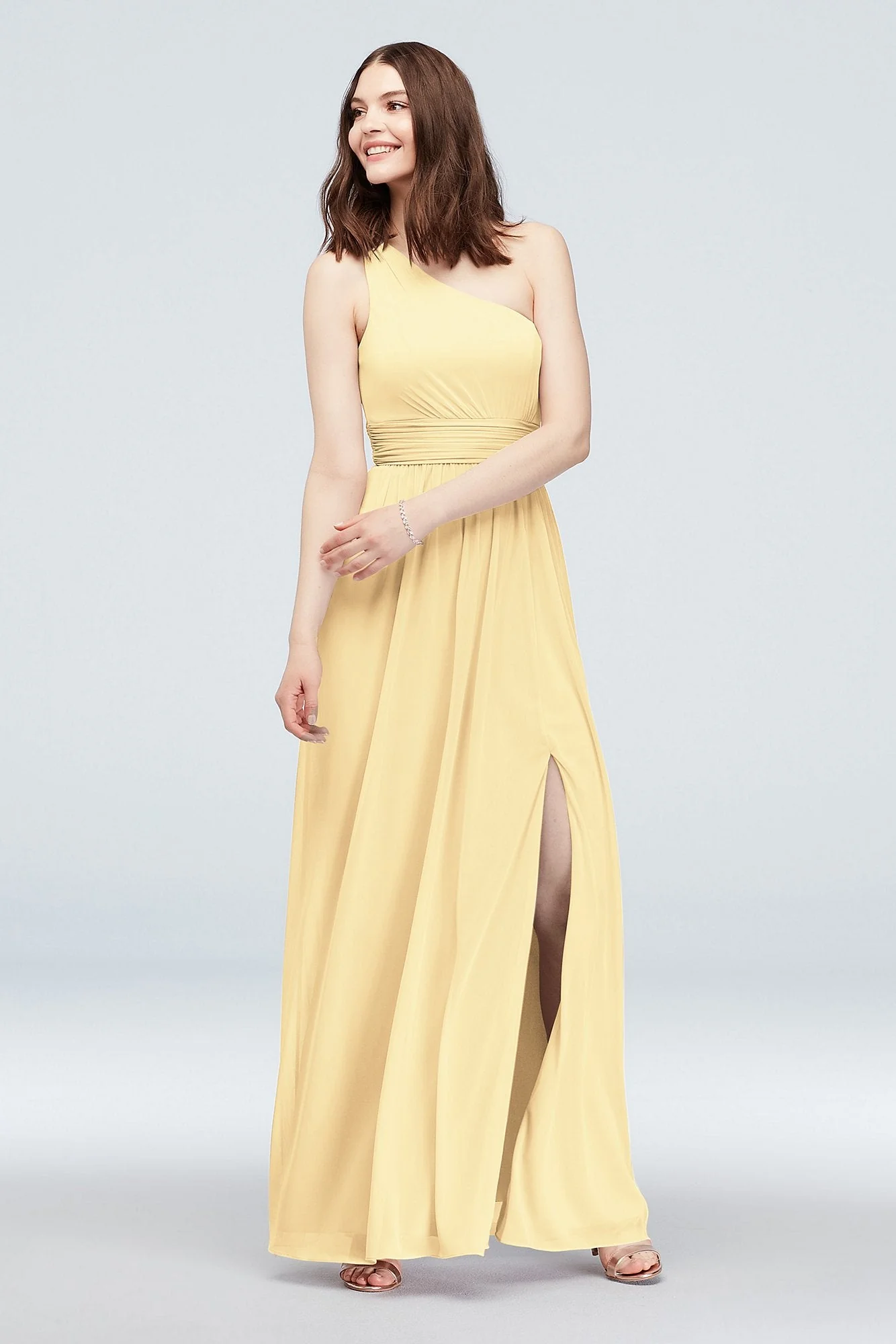 One Shoulder Ruched Waist Mesh Bridesmaid Dress - Image 79