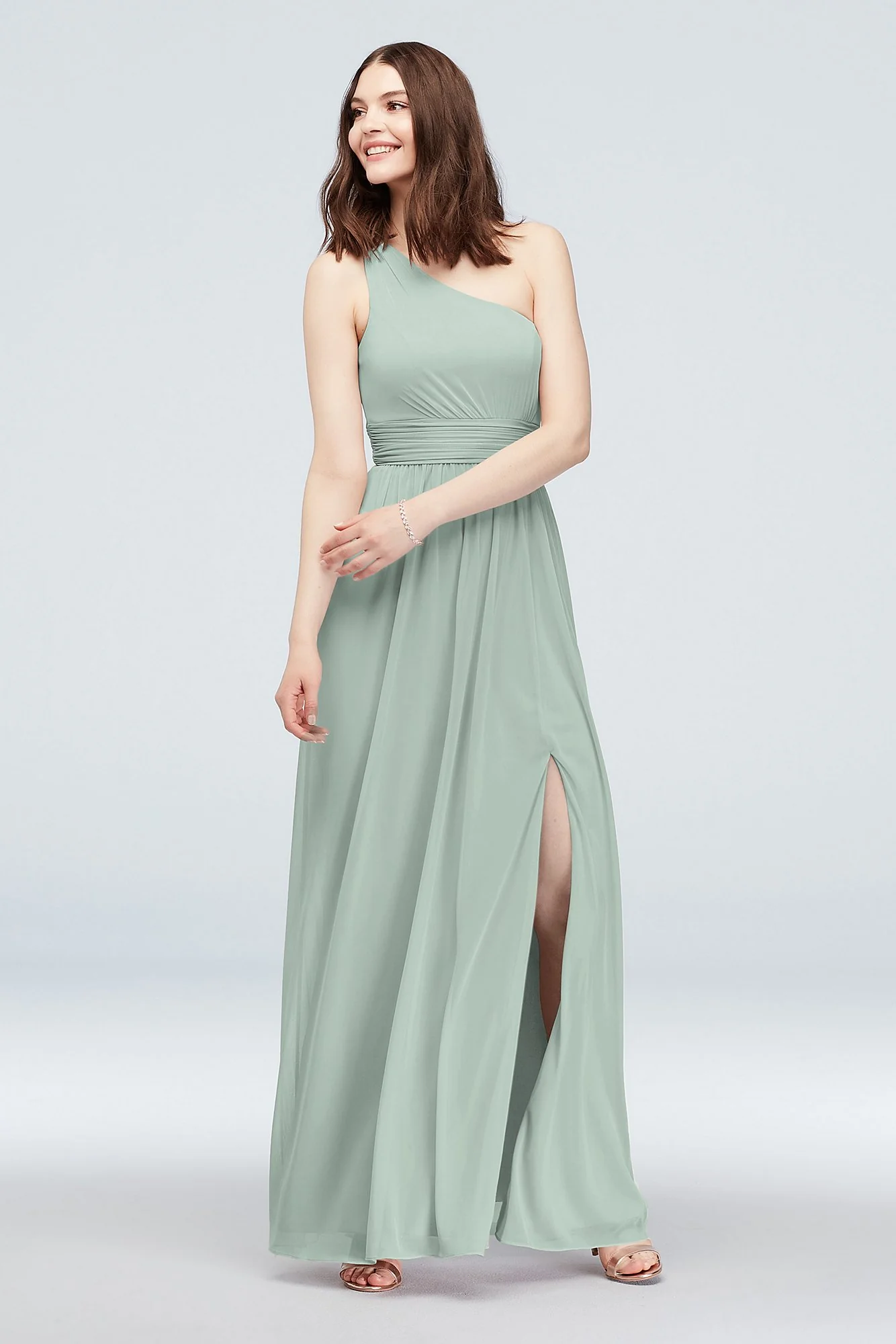 One Shoulder Ruched Waist Mesh Bridesmaid Dress - Image 8