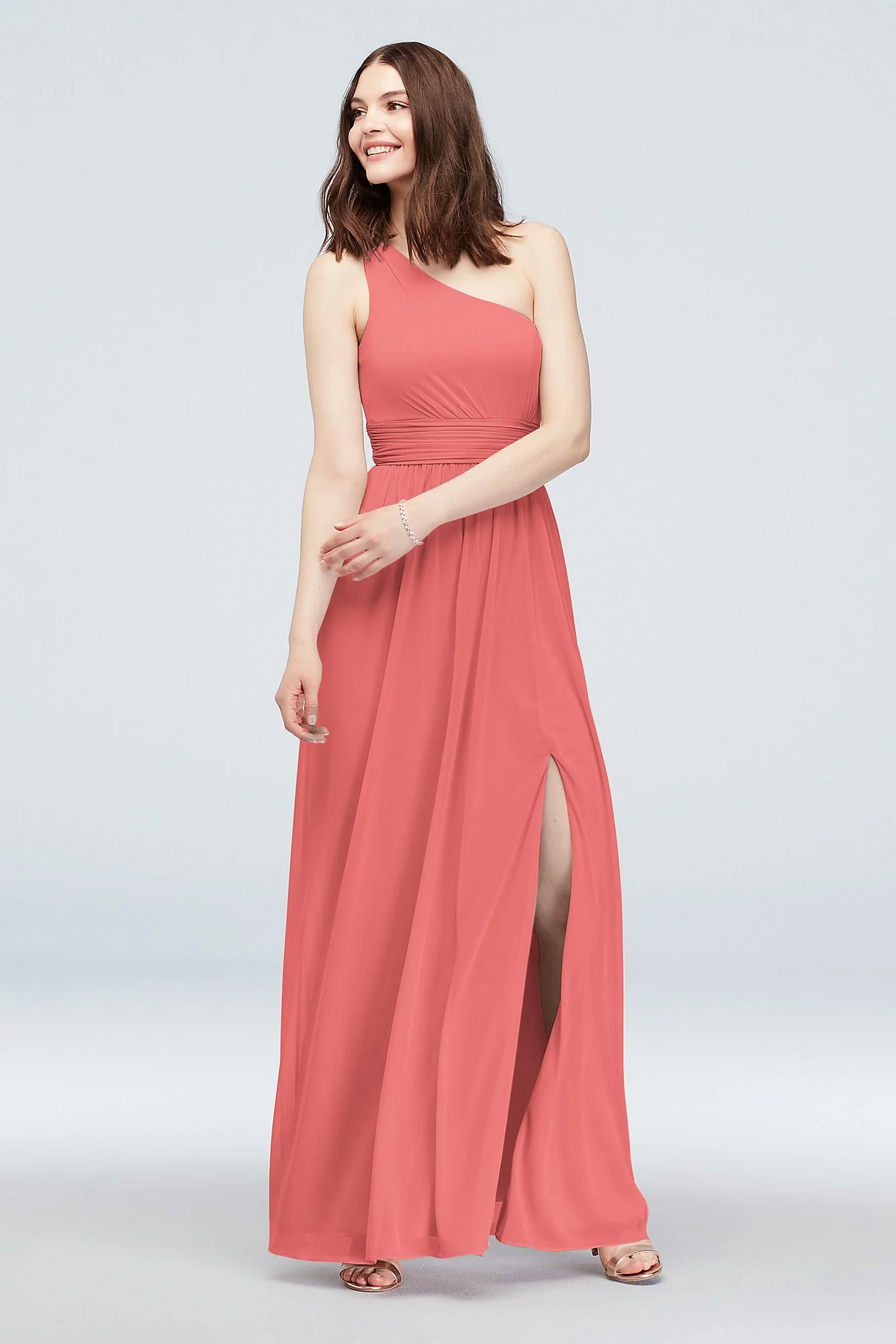 One Shoulder Ruched Waist Mesh Bridesmaid Dress - Image 80
