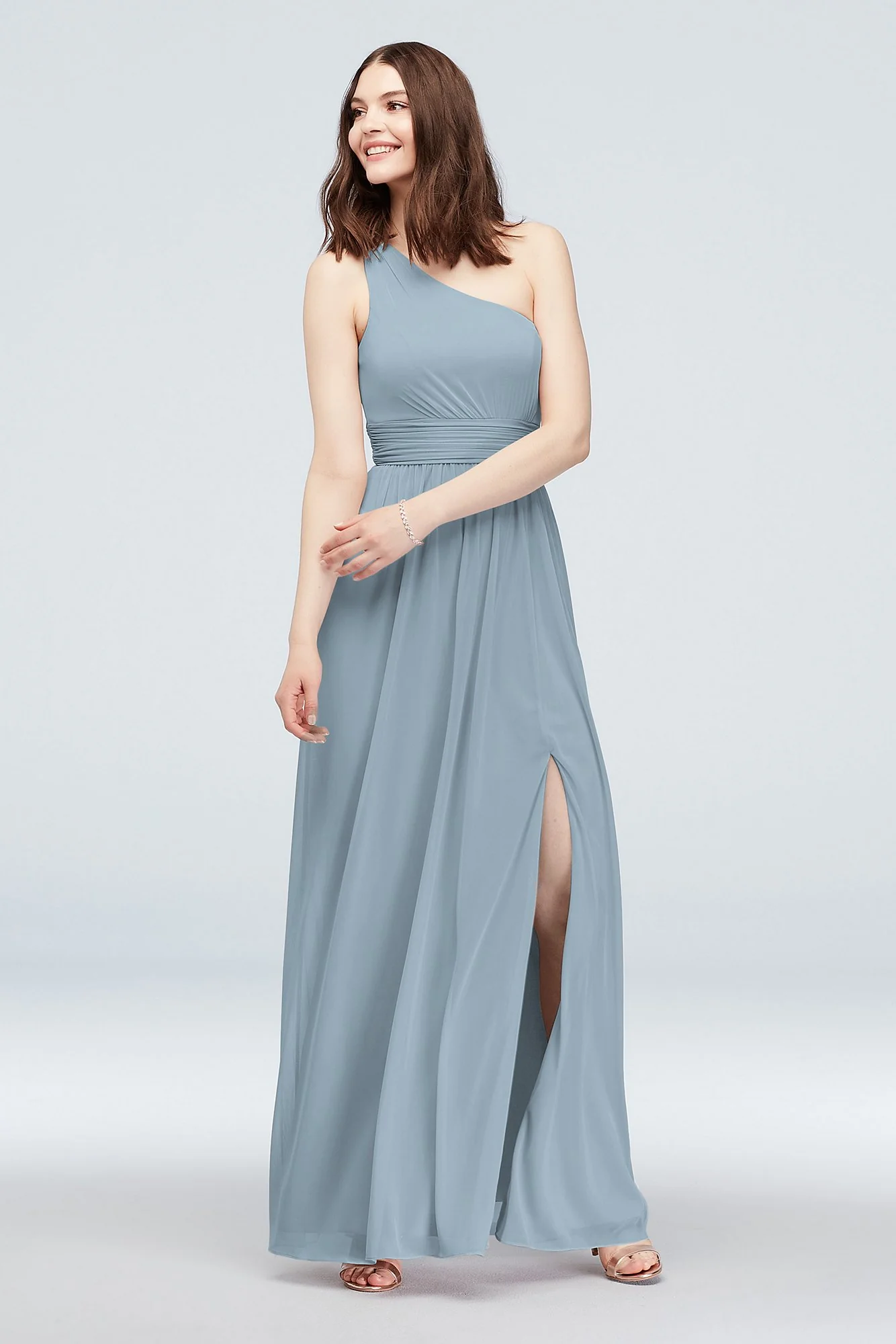 One Shoulder Ruched Waist Mesh Bridesmaid Dress - Image 83