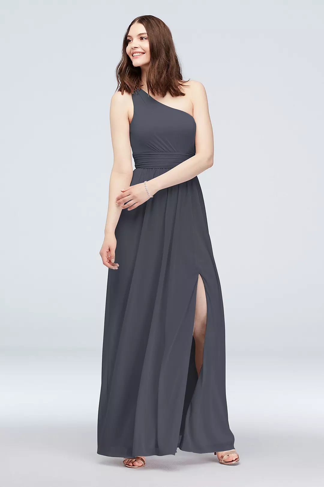 One Shoulder Ruched Waist Mesh Bridesmaid Dress - Image 87