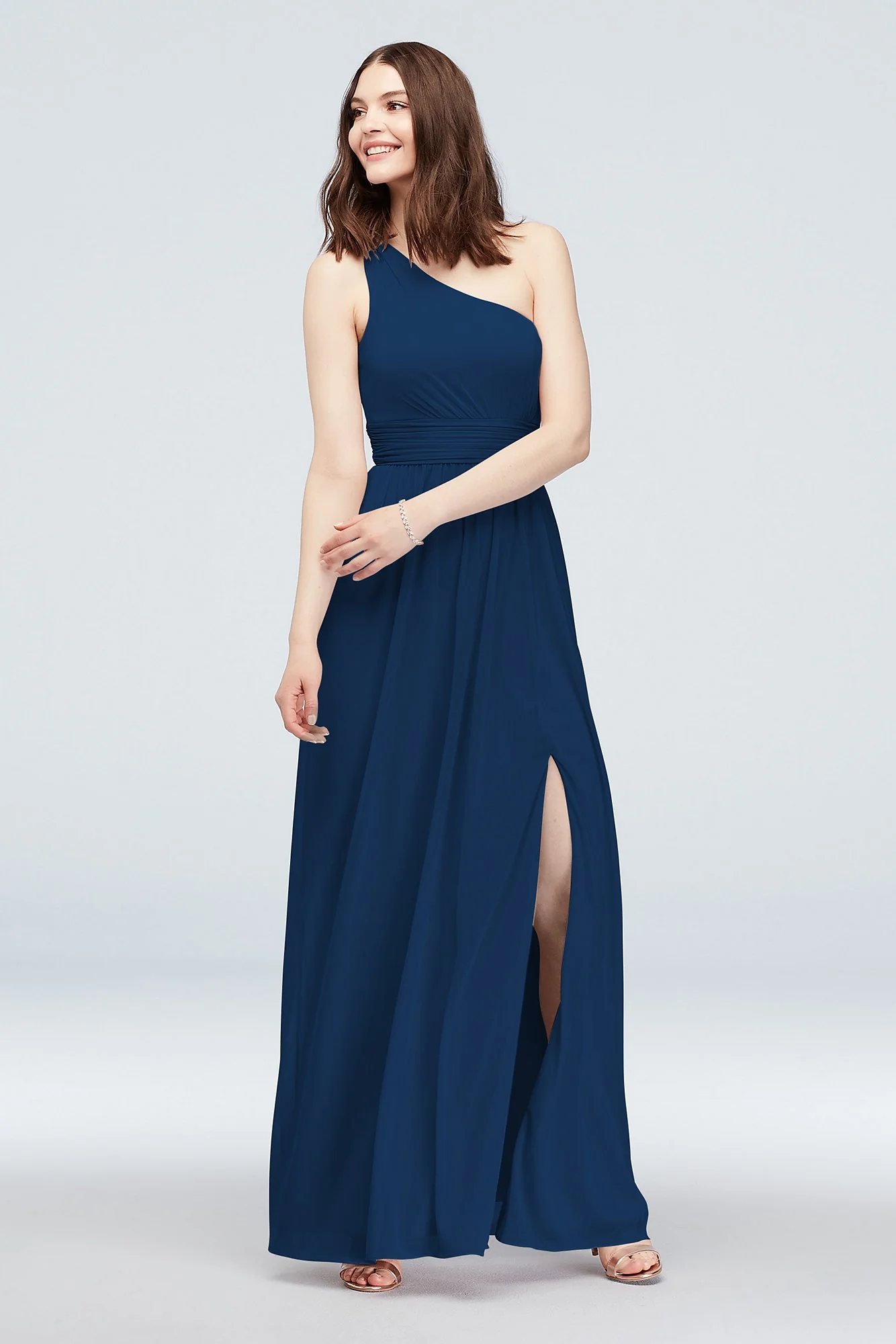 One Shoulder Ruched Waist Mesh Bridesmaid Dress - Image 9