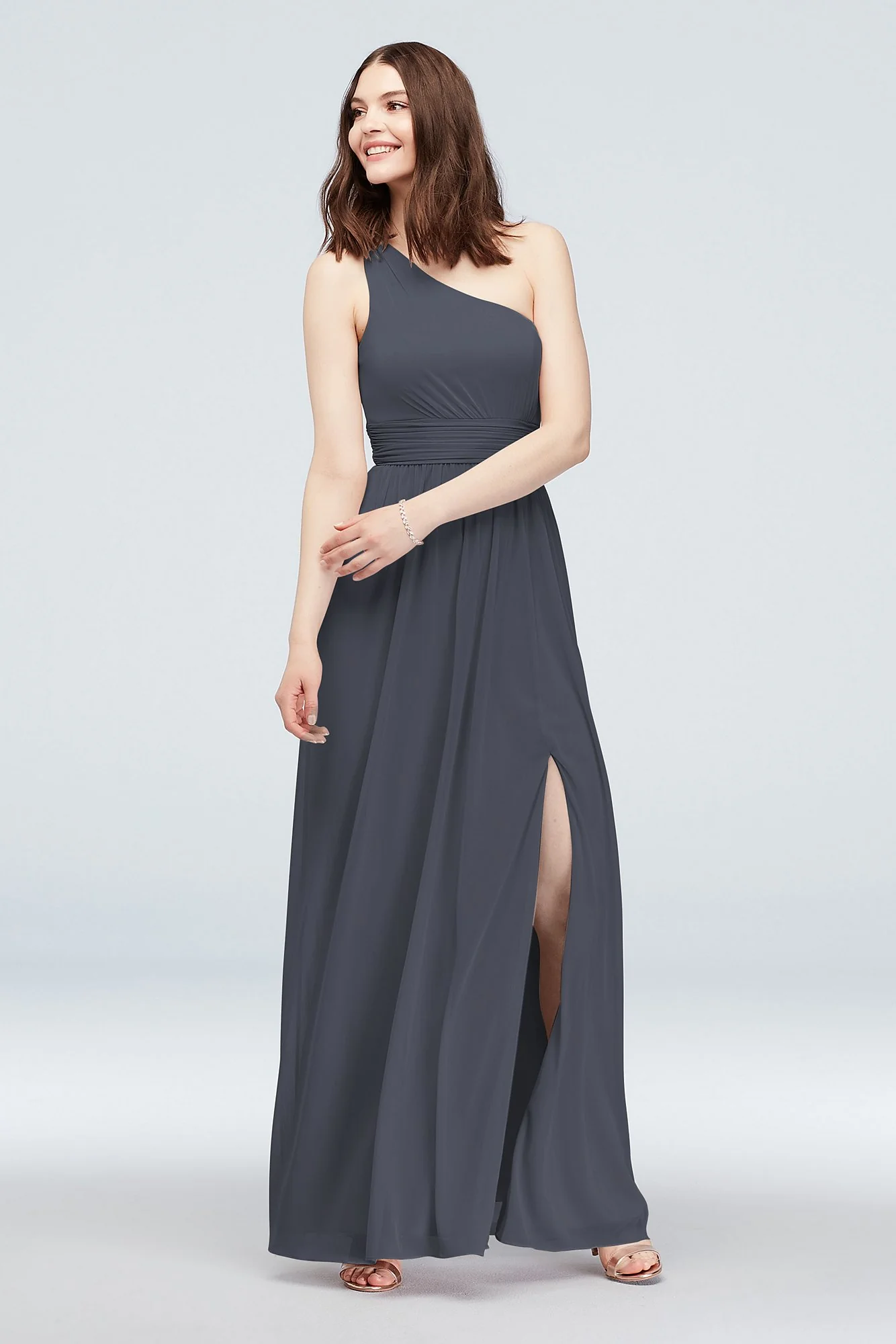 One Shoulder Ruched Waist Mesh Bridesmaid Dress - Image 92