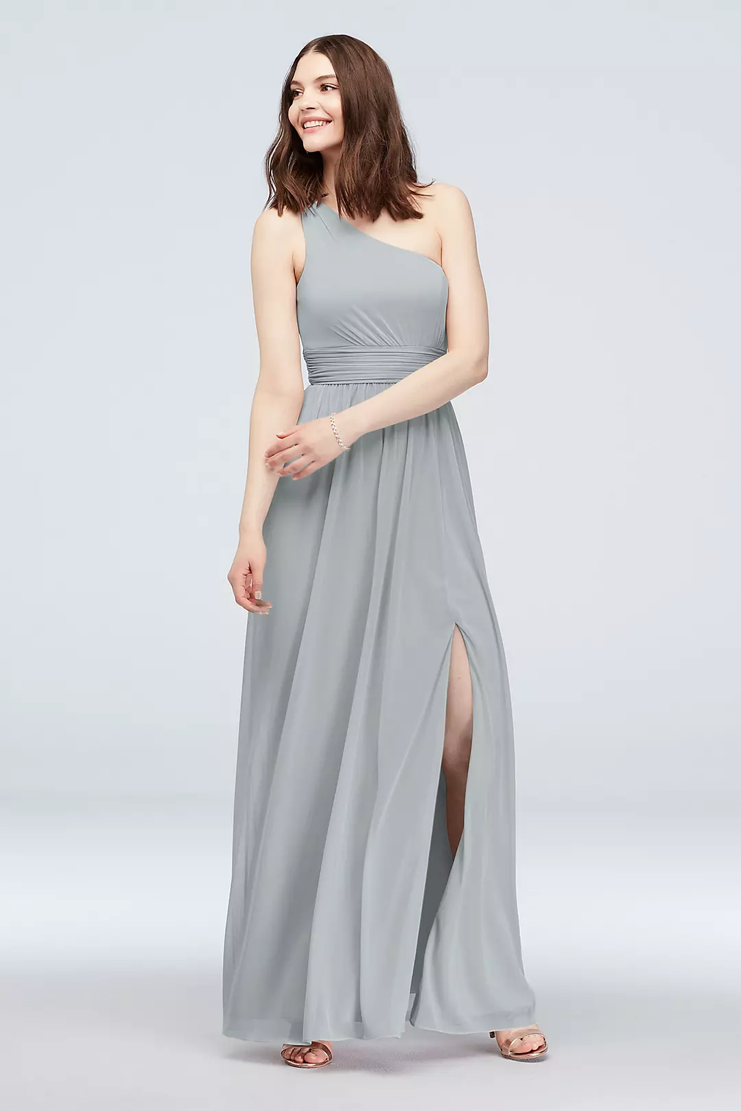 One Shoulder Ruched Waist Mesh Bridesmaid Dress - Image 93